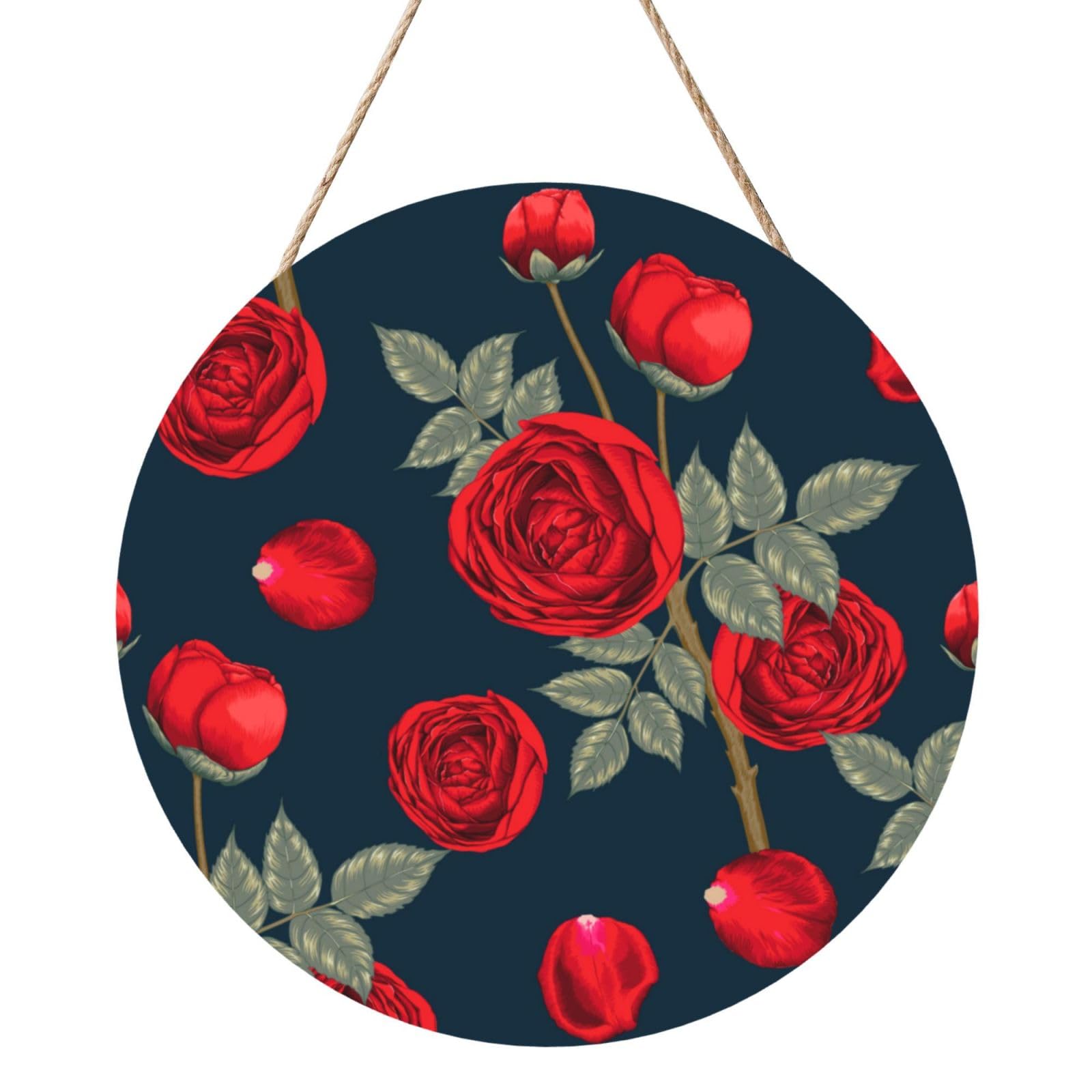 InOmak Red Roses Flowers, Round Wood Panel Painting 12 in, Wall Hanging Painting For Home