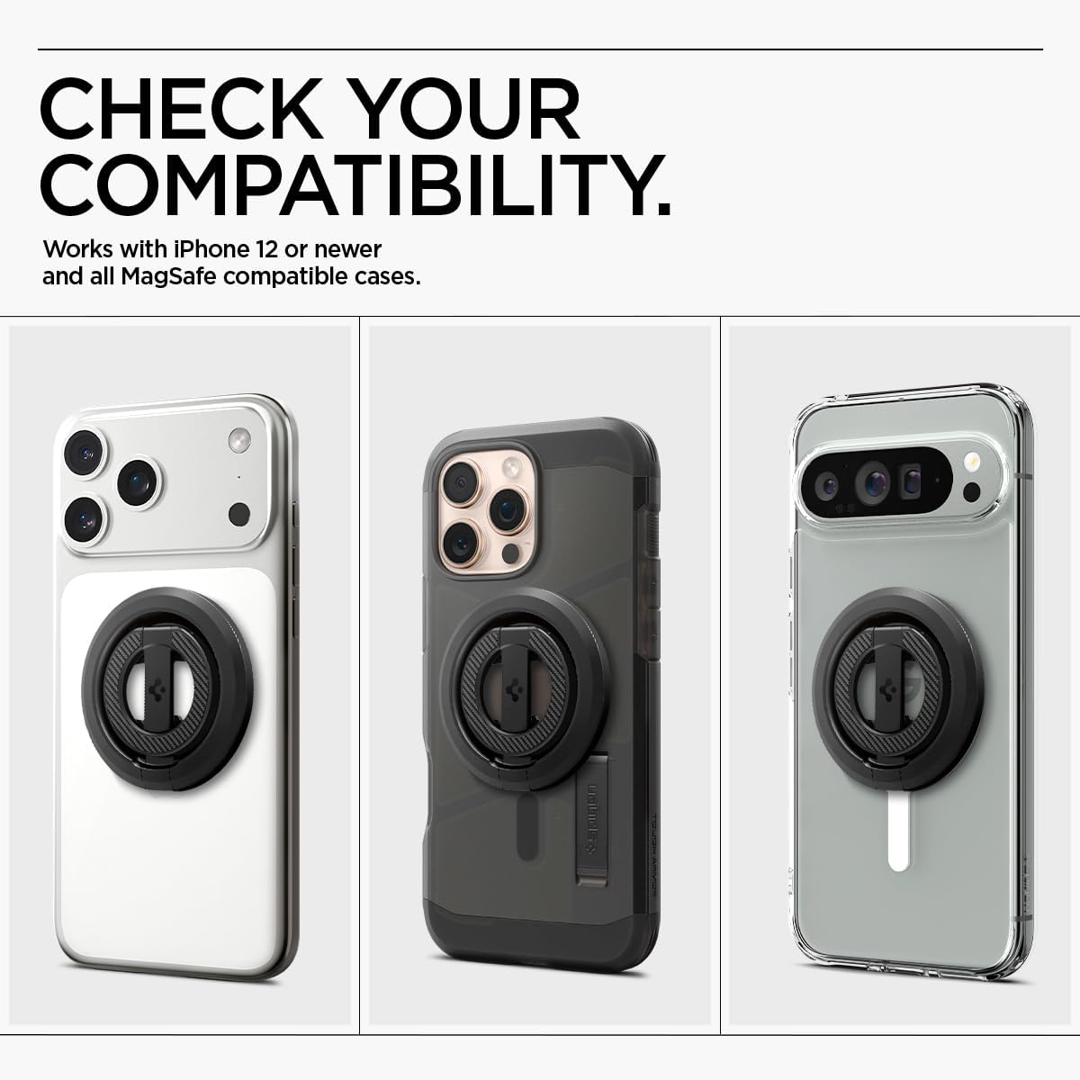 Spigen for MagSafe Phone Grip, Compatible with iPhone 17/16/15/14/13/12, Galaxy S26 Series, Pixel 10 Series, Pixelsnap & More Magnetic Holder Double-Sided Magnet with Kickstand, Bottle Opener - Black