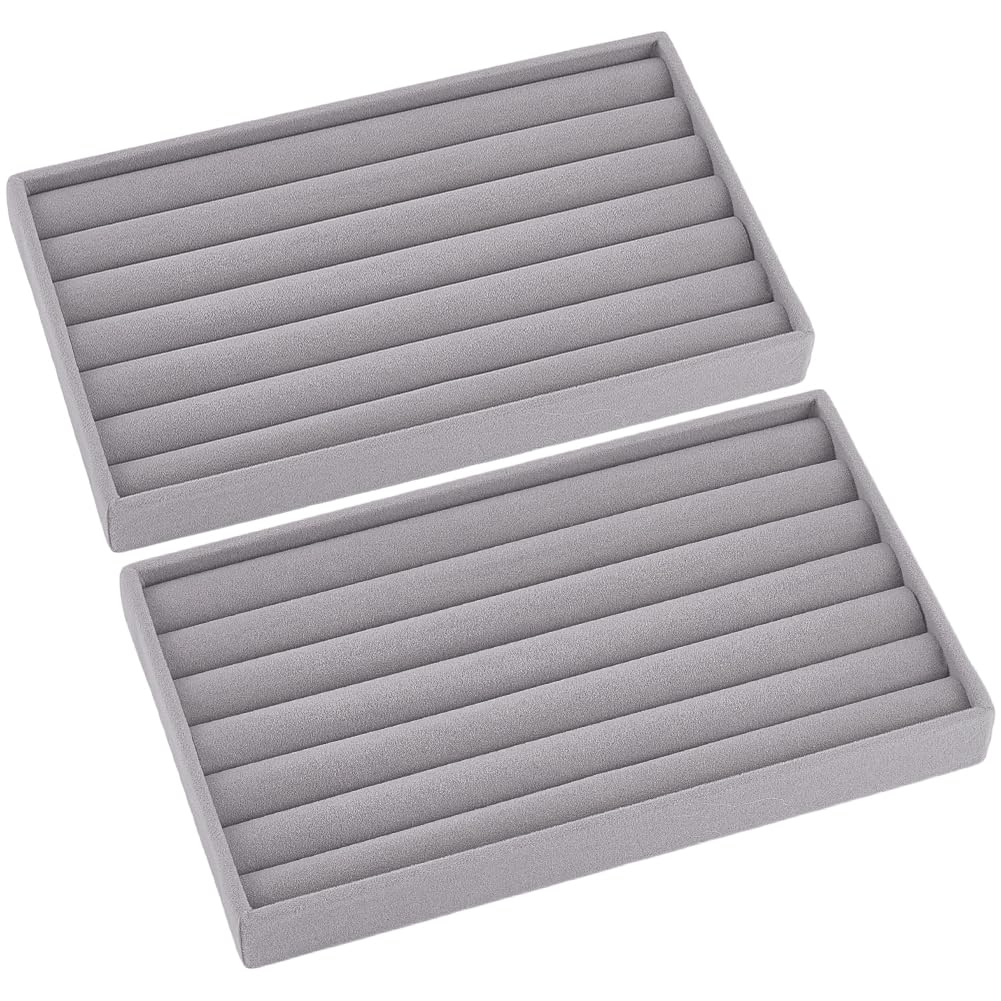 Plateau à bijoux en velours gris rectangulaire et empilable pour tiroir - Lot de 2