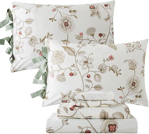 FADFAY Sábanas florales tamaño individual XL para niñas universitarias de algodón percal de alta calidad con bonito diseño de lazo, ropa de cama