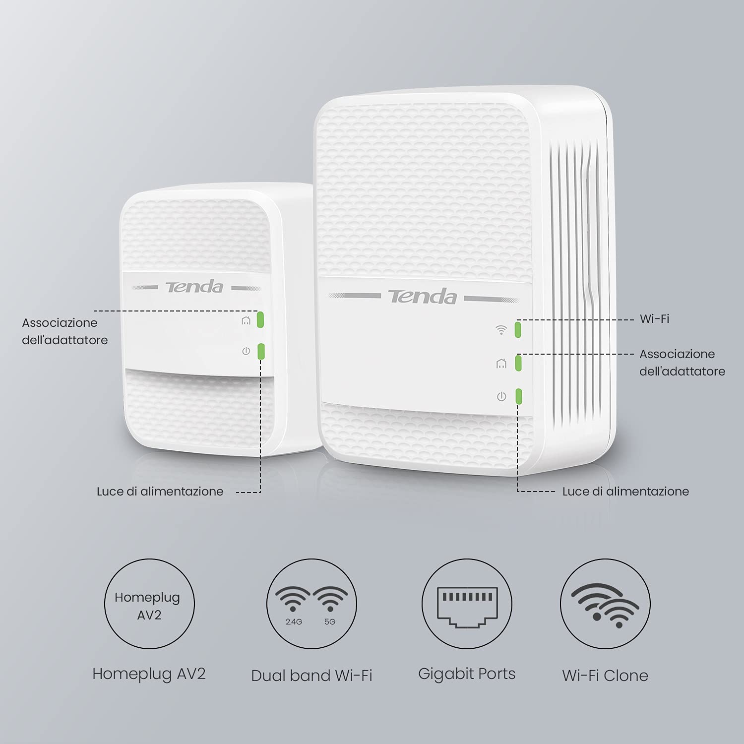 Tenda PH10 Kit Powerline WiFi, AV1000 Mbps su Powerline, 650 Mbps su Wi-Fi Dual Band, Porta Gigabit, HomePlug AV2, AC Powerline Extender con Tecnologia Wi-Fi Clone, Adatto Per Telecamera, IPTV, Xbox