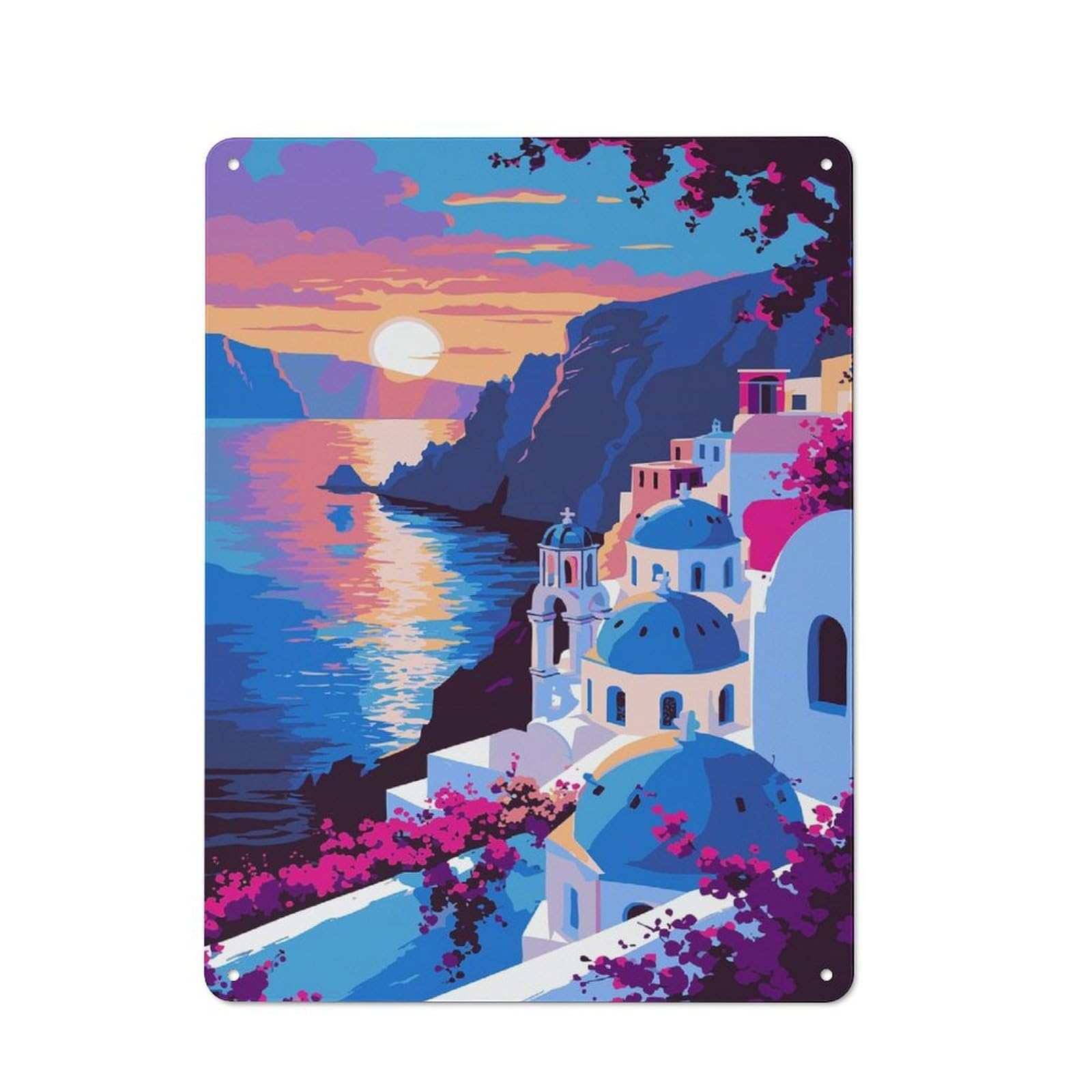 Vintage Santorini Sunset Illustration(2) Metal Plaque 40x30cm, Diner Style Decor for Bakery, Diner, Cafe Or Family Room