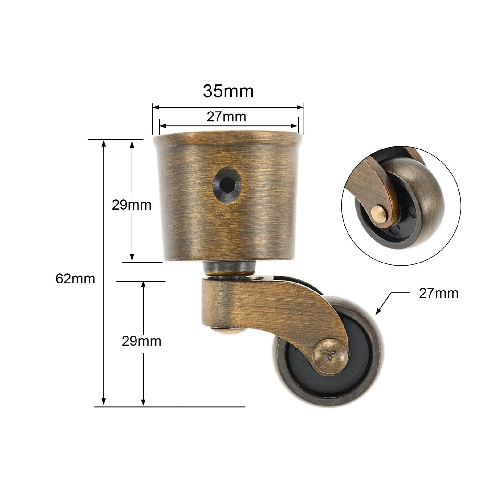 4 Stück Retro-Möbelrollen, antikmessingfarbene Schwenkräder aus Zinklegierung, geräuscharm, matt gebürstete Oberfläche im Vintage-Stil, 27 mm Durchmesser