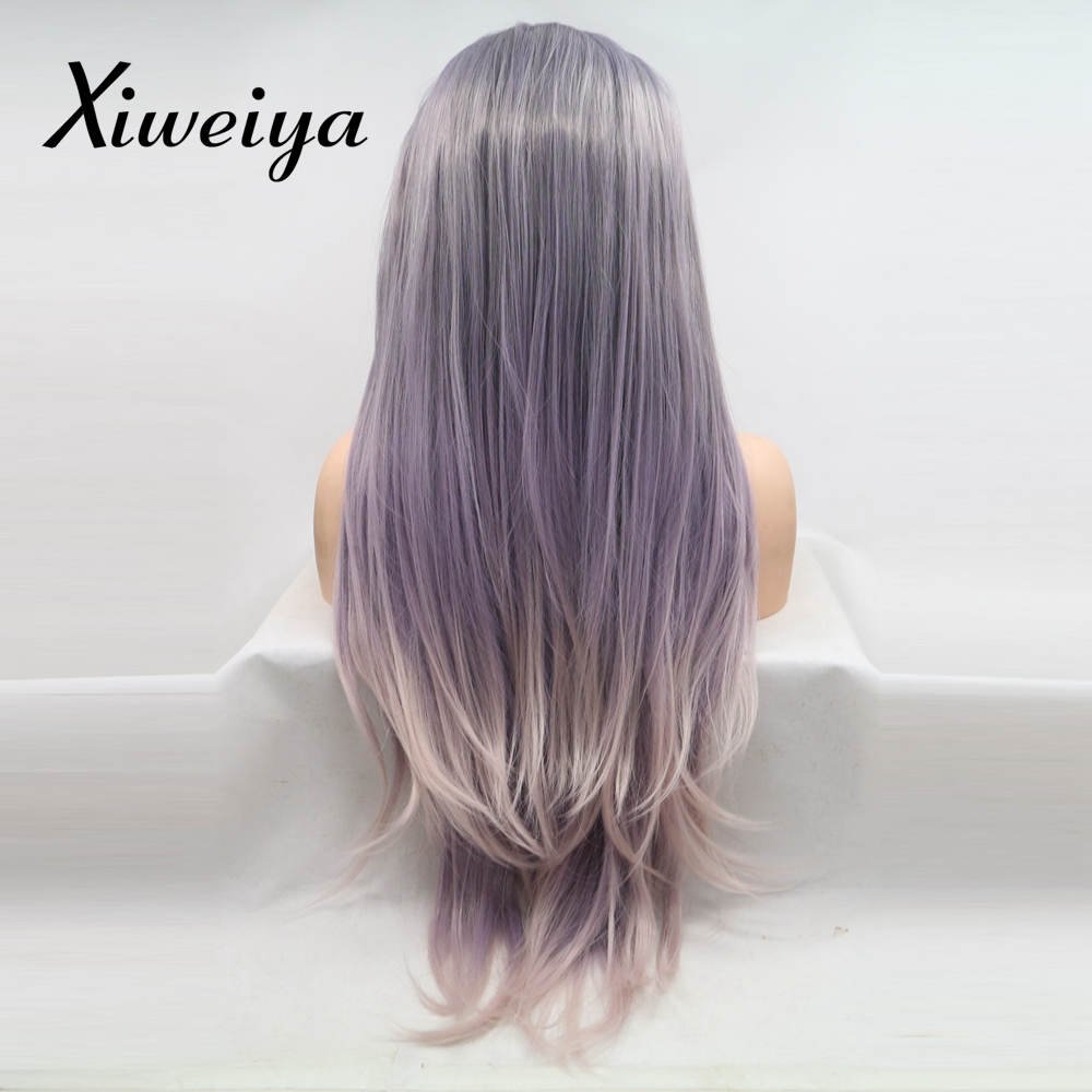 Xiweiya Mix Color Straight Ombre Gray Purple to Pink Wig Mermaid Synthetic Lace Front Wigs Straight Middle Part Long Straight Long Soft Wig Heat Resistant Fiber Hair Replacement Wig for Women 24 Inch - Image 4