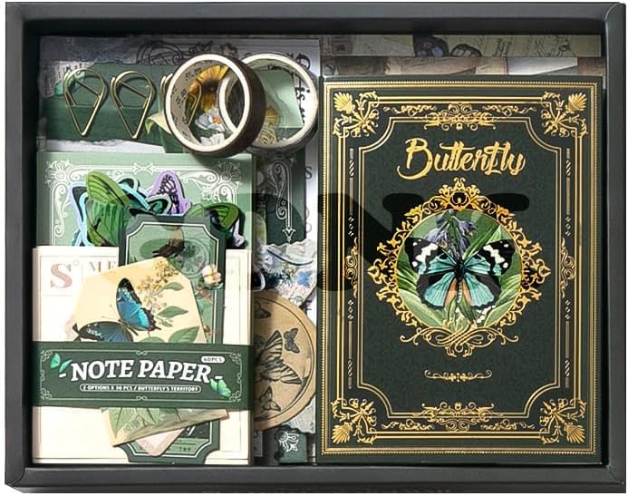 Image of GDNK Scrape Book Kit Scrapbooking Kit Vintage Journal Scrapbook Pack DIY Paper Stickers, Craft Kits Notebook, Collage Album Aesthetic Sticker Journaling Scrapbook Photo Album (Green Butterfly)