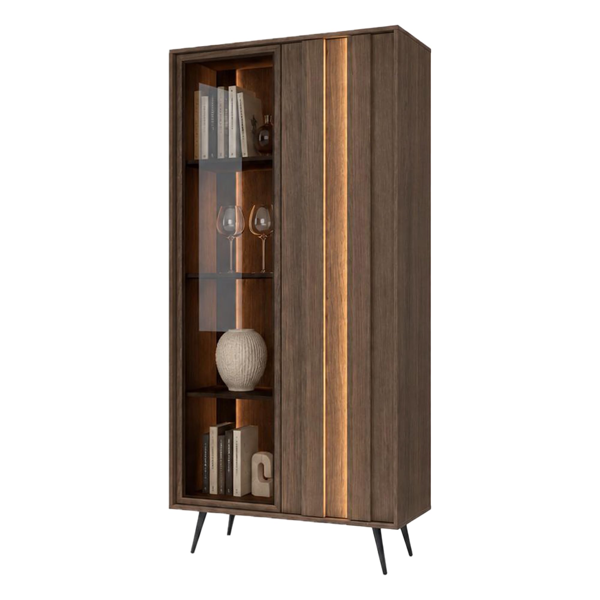 Dmora Vitrina Turkoglu 94 x 40 x 196 (alt) cm, marrón nogal, 8 estantes, 2 puertas, mueble expositor con LED