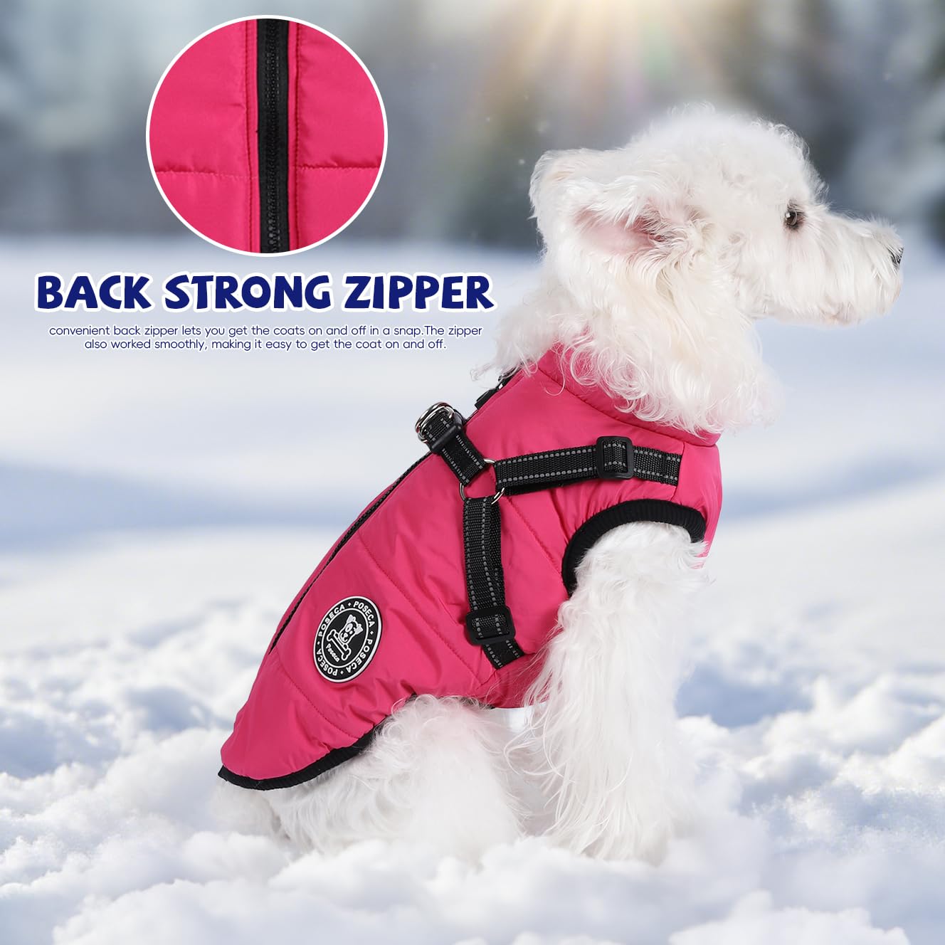 Poseca Dog Coat with Harness,Dog Coats Waterproof,Small Dog Harness Jacket,Puppy Winter Fleece Jackets,Winter Waterproof Coat with Reflective Harness and Zipper for Small Medium Large Dogs — view 9