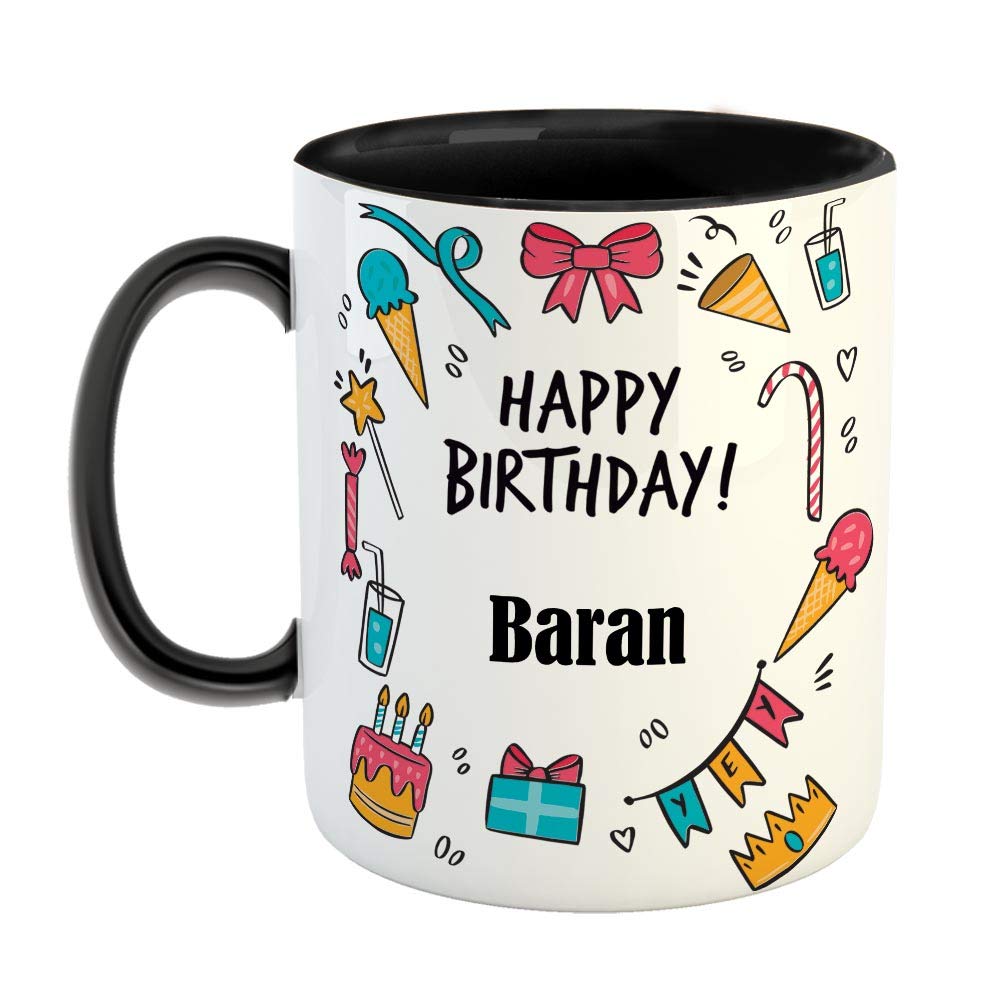 FurnishFantasy Ceramic Coffee Mug - Best Gift for Happy Birthday Mug , Color - Black, Name - Baran