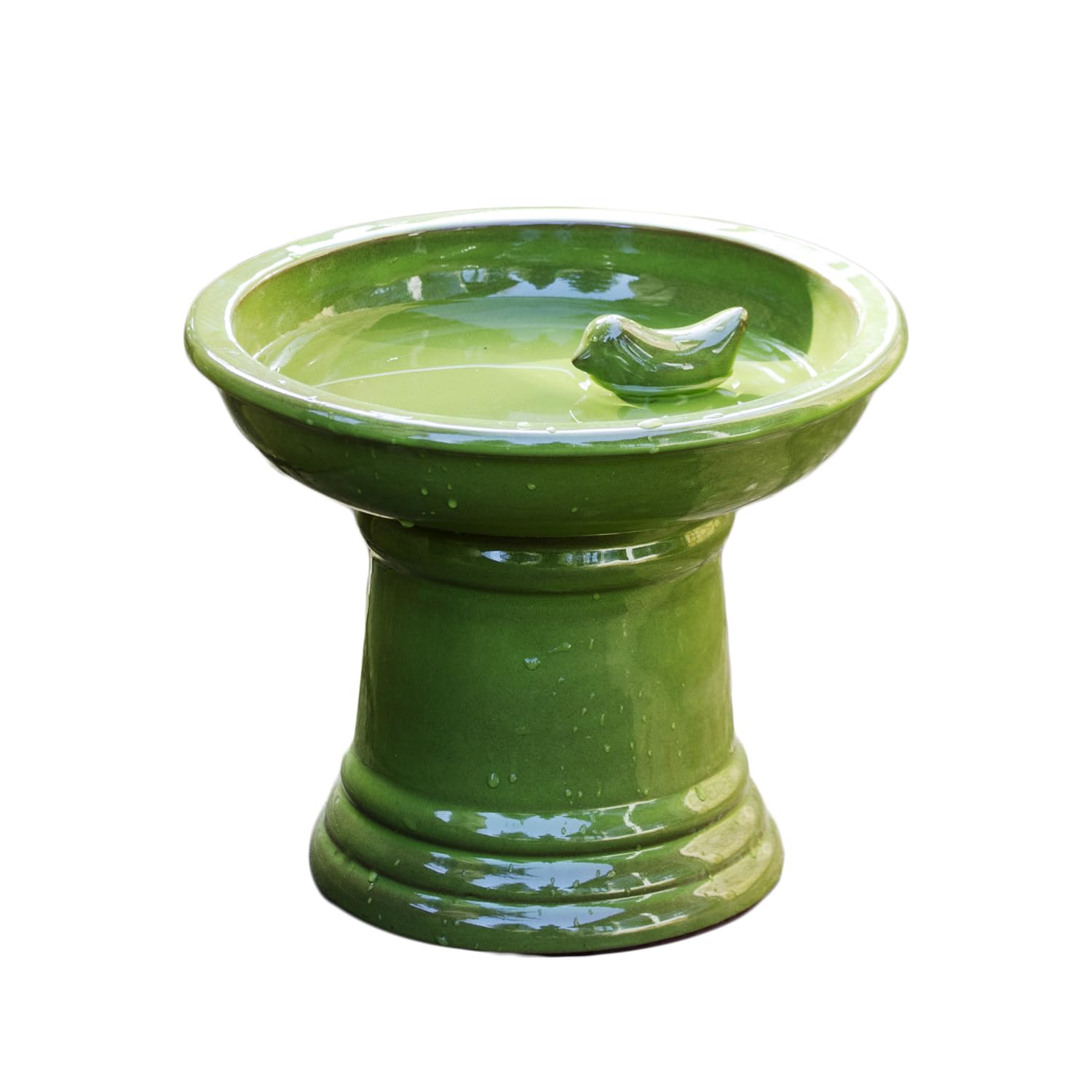 Round Ceramic Pedestal Bird Bath, Glazed, Frost-Resistant, Outdoor Garden Water Feeder, 29x22x29cm (Green)