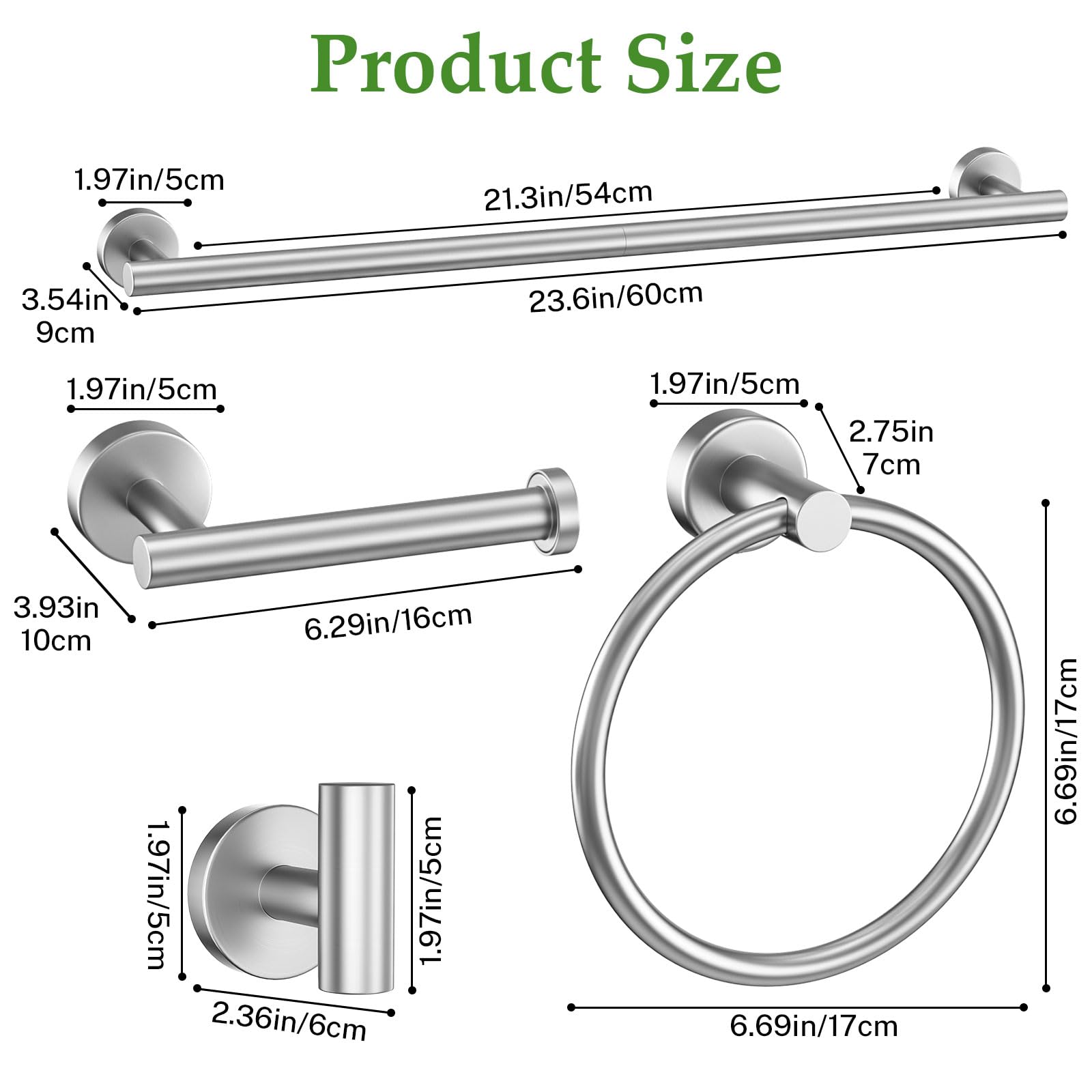 Set di 10 portasciugamani in nichel spazzolato, accessori per il bagno, include barra portasciugamani da 60 cm, anello per asciugamani rotondo e ganci in acciaio inox, set di portasciugamani da parete