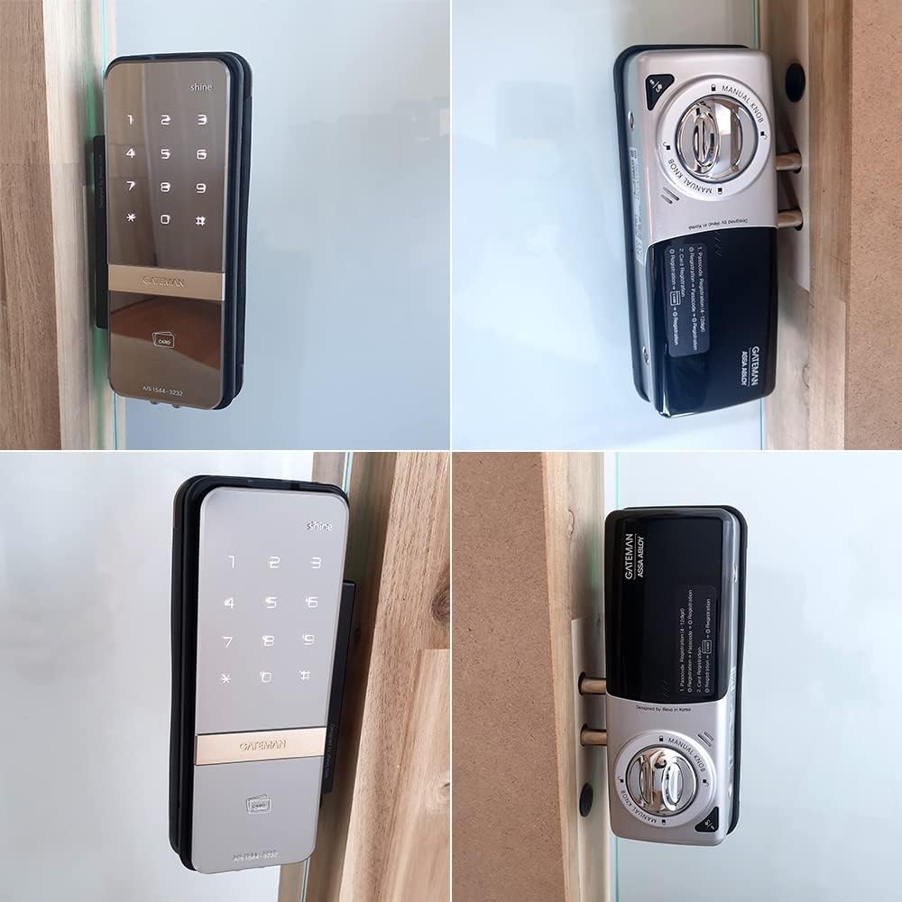 Four panel image showing the GATEMAN Shine lock installed on a glass door from various angles
