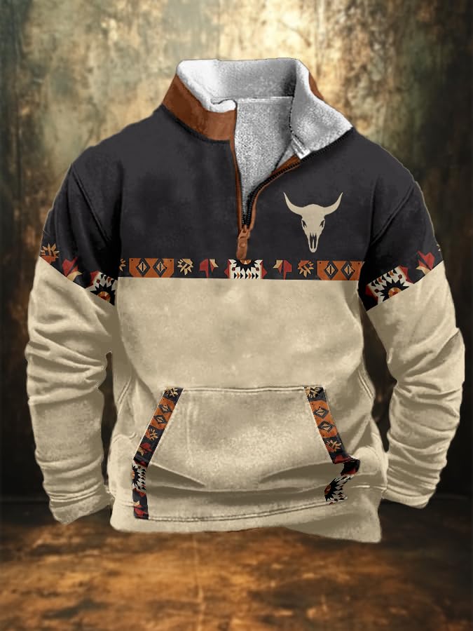 Western Fleece Jackets Men Aztec Fleece Fuzzy Pullover Winter Half Zip Stand Collar Vintage Western Sweater Pockets2