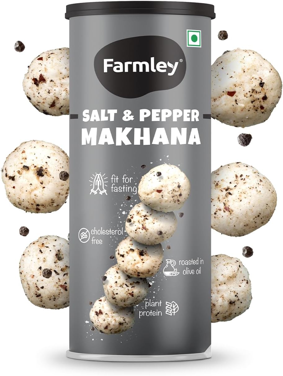Farmley Roasted and Flavoured Makhana | Farmley Salt & Pepper Roasted Makhana I | Namkeen Snacks & Puffed Snacks | Healthy Snack Fit for Fasting I Healthy Snacks - 77g