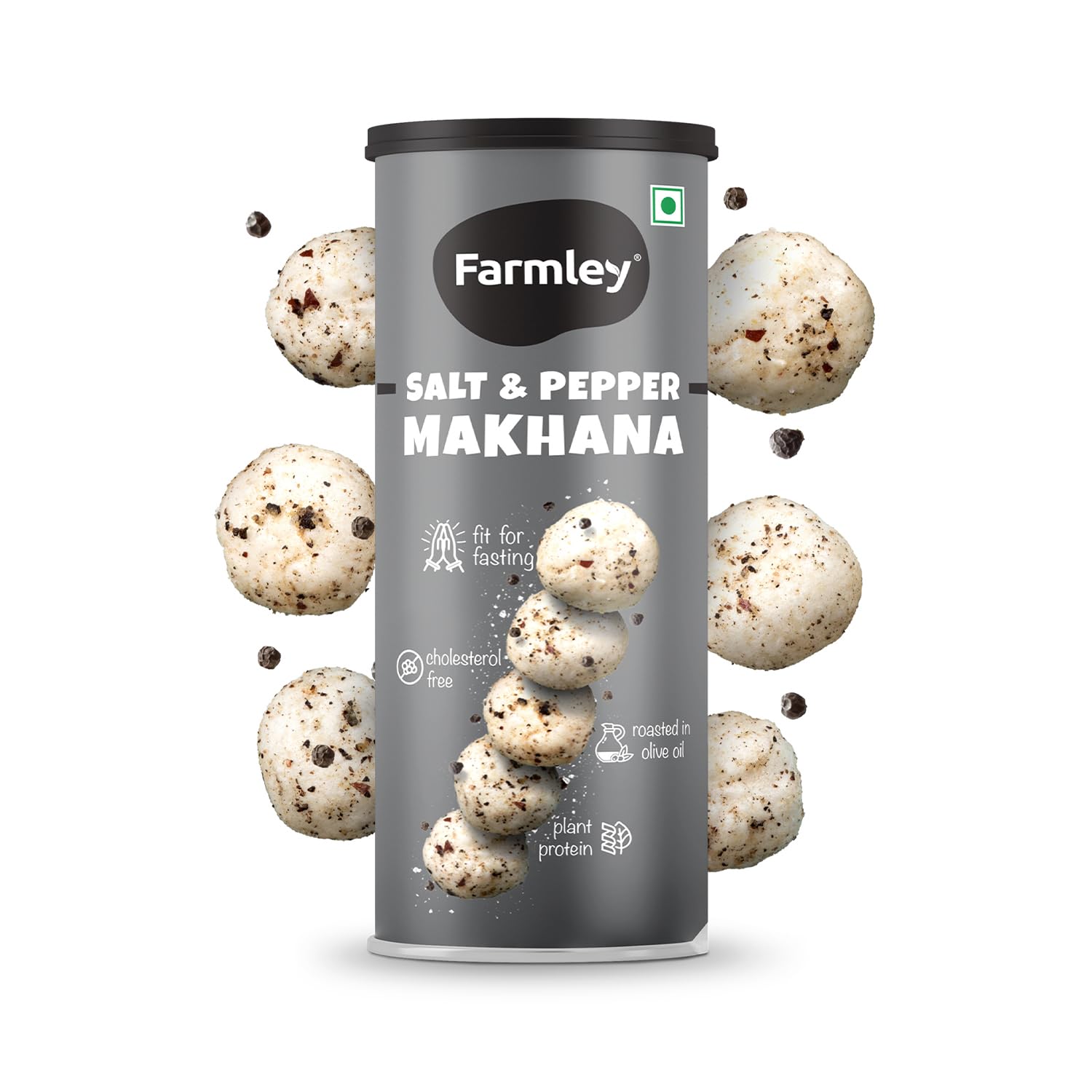 Farmley Roasted and Flavoured Makhana | Farmley Salt & Pepper Roasted Makhana I | Namkeen Snacks & Puffed Snacks | Healthy Snack Fit for Fasting I Healthy Snacks - 77g