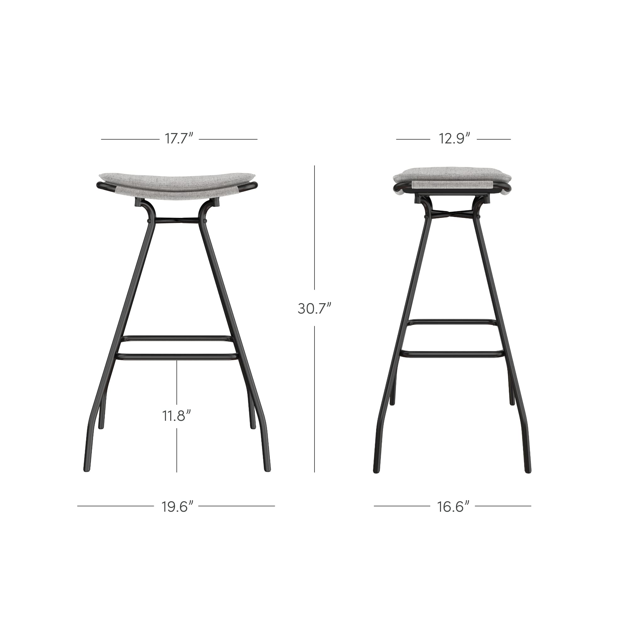 Nathan James Dominique 30 inch Industrial Backless Kitchen Bar Stool with Upholstered Saddle Seat and Black Metal Base, Light Grey/Black