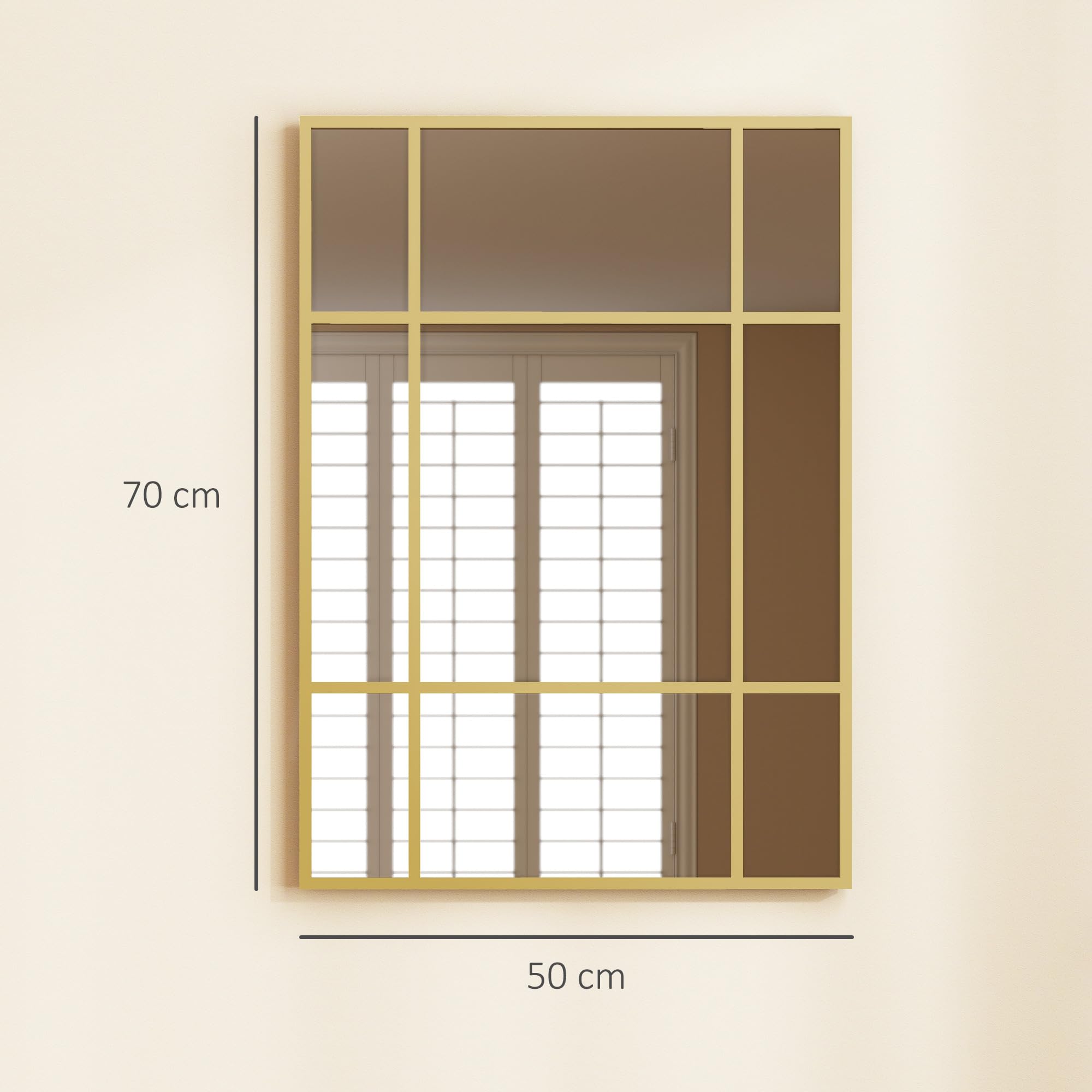 HOMCOM Espejo Rectangular de Pared, 70x50 cm, Espejo de Ventana con Marco de Metal, Decorativo para Salón, Dormitorio, Entrada, Dorado