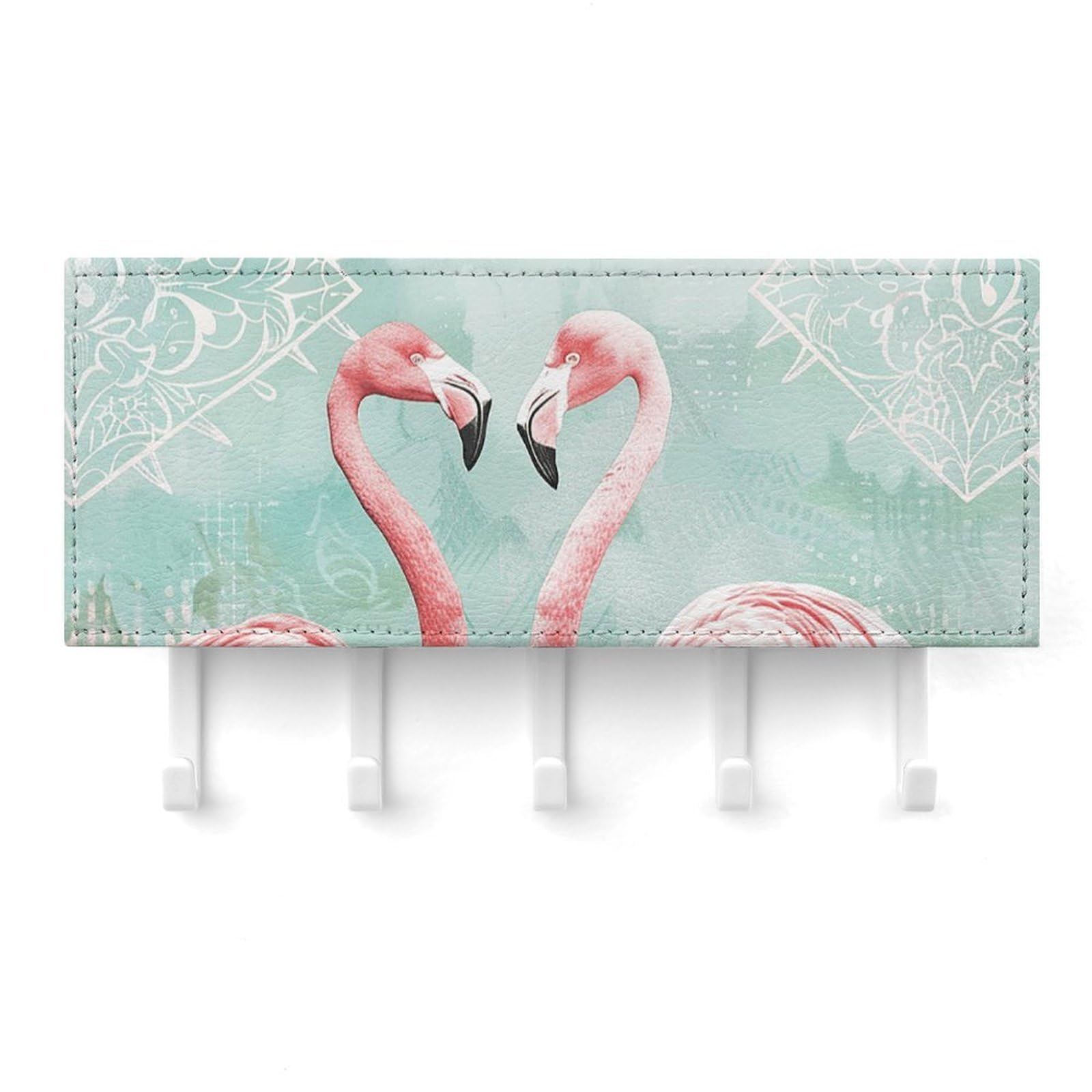 QMNLKH Two Peach Flamingos Wall Mounted Key Rack for Home, No Drilling Key Holder with 5 Hooks, Self Adhesive Keys Chain Organizer for Hallway, Keys Hanger Shelf for Office, Doorway White