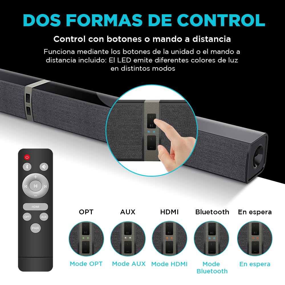 2.0 Barra de Sonido para TV, Barra de Sonido Separable 2 en 1 de 32 Pulgadas para Dispositivos de TV con 3 Modos de ecualización y 3 Sonidos envolventes, ARC/Óptico/AUX, 1pcs