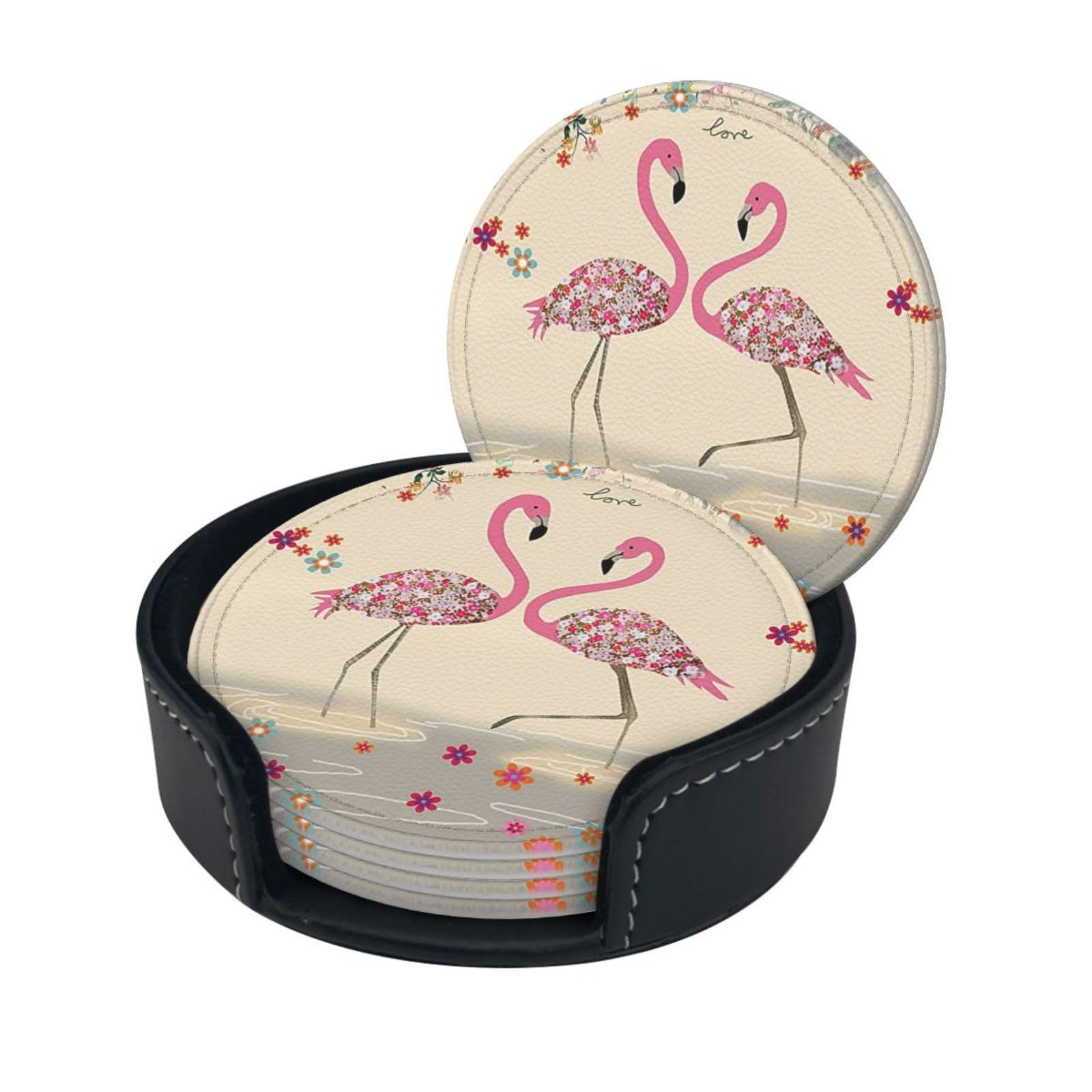 Flamingos And Flowers Print Round Leather Coasters - Set Of 6, Ultra-Fiber Pu Leather