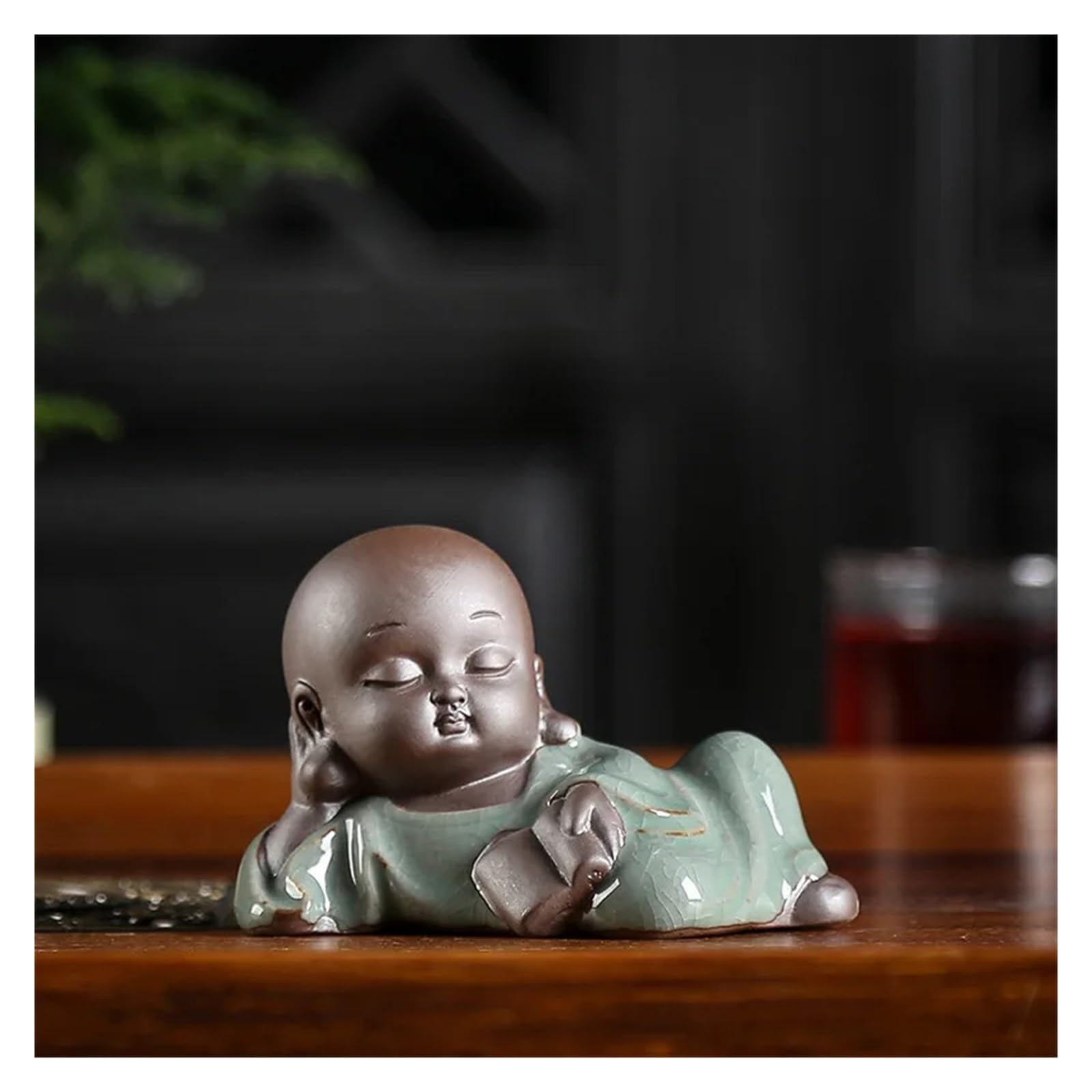 ENGENDER Kung Fu Tea Pet Desktop Statue Monk Tea Pet Handmade Zen Living Room Coffee Table Ceramic Decoration Set Accessories(02)