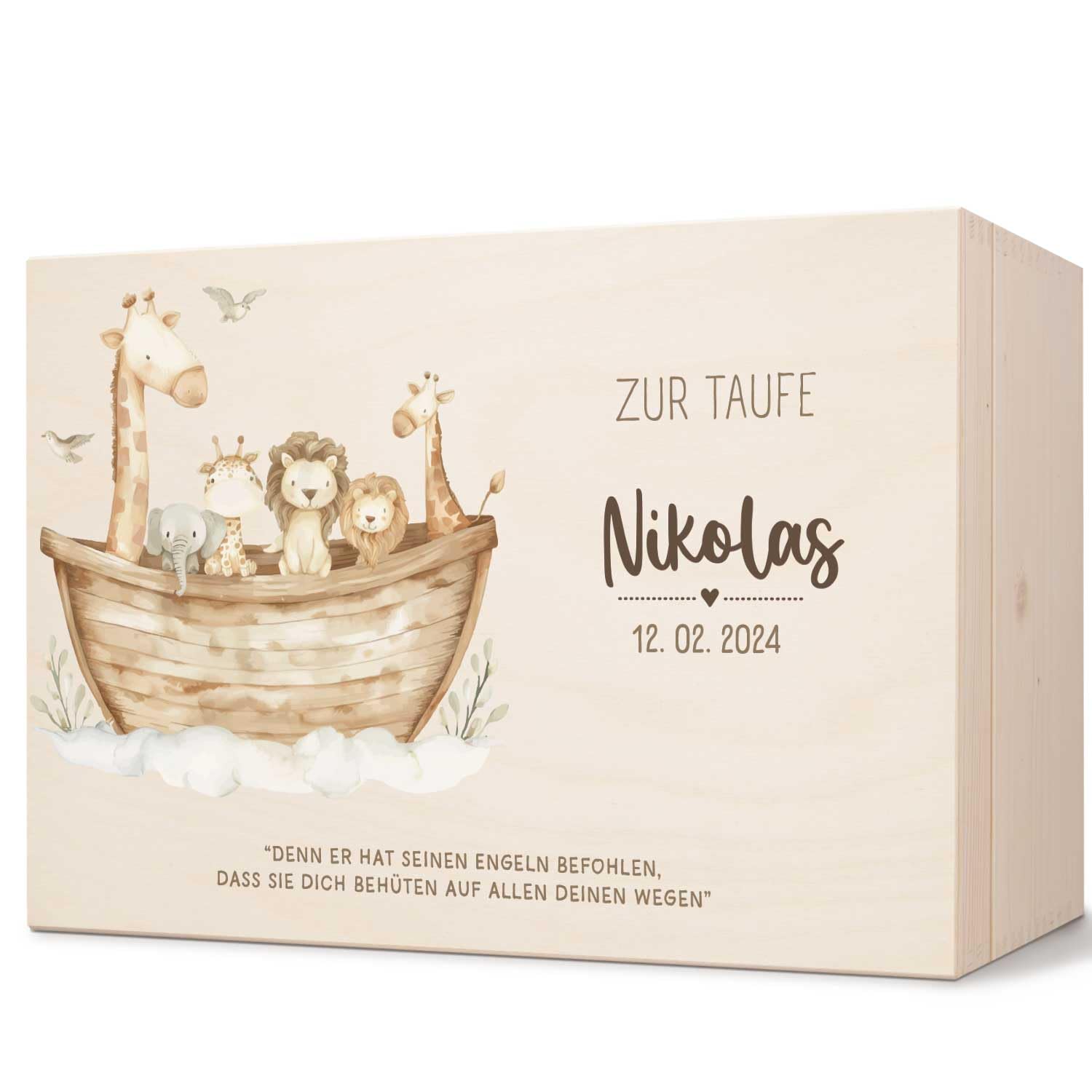 GRAVURZEILE Bedruckte Erinnerungskiste - Arche Tiere - Personalisiert mit Name & Datum - Erinnerungsbox für Mädchen & Jungen - Geschenk zur Kommunion, Konfirmation & Taufe - Erinnerungsbox