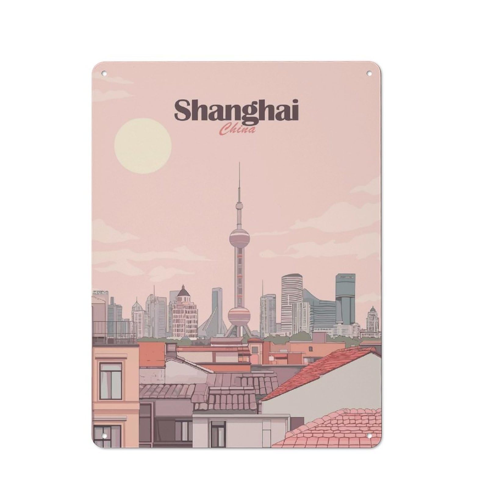 Junmoney Style-19 Shanghai China Cityscape Illustration(2) Rustic Metal Plaque 40X30cm For Living Room Or Hallway, For Garage, Workshop And Man Cave Decoration