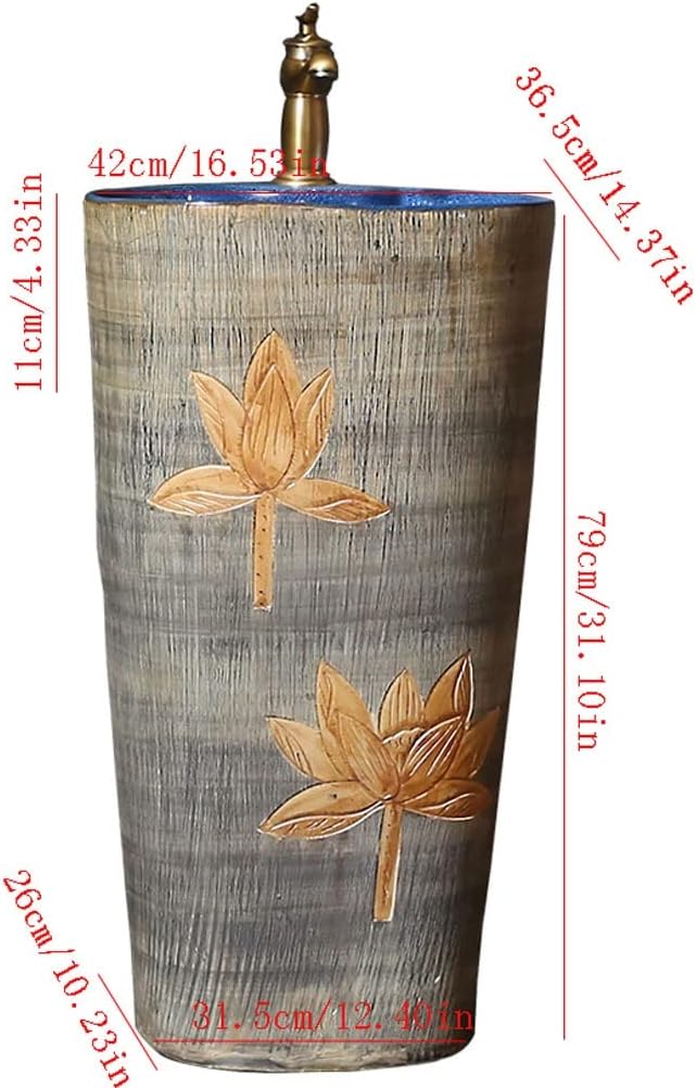 Freestanding Ceramic Vessel Sink with Faucet Elegant Carved Lotus Design for Bathroom Countertop, Stylish Pedestal Sink Vanity, Modern Home Decor