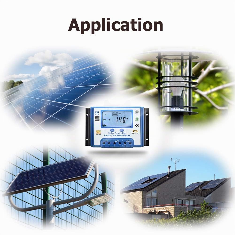 SolaMr 10A Régulateur de Charge Solaire 12V/24V Contrôleur de Charge Solaire avec Écran LCD et Double Port USB pour Batterie de Panneaux Solaires - ST6-10A