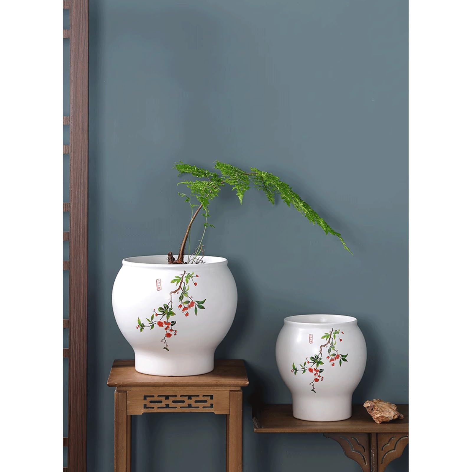 Dekoracyjna tradycyjna chińska biała doniczka ceramiczna z otworem drenażowym, klasyczna porcelanowa doniczka na rośliny, okrągła doniczka do wnętrz, odpowiednia dla kaktusów, storczyków, patio (23,5