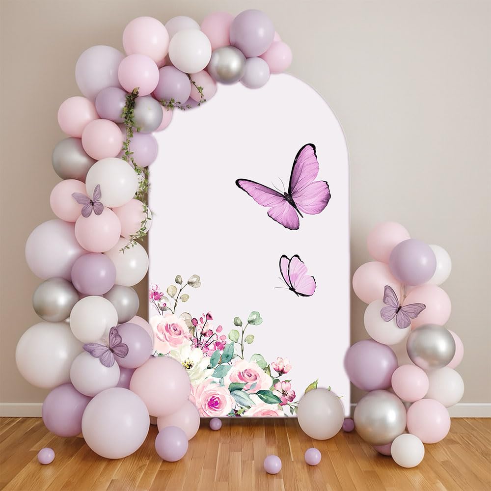 Purple Butterfly Kisses Arch Backdrop Cover Double-Sided Arch Frame Stretchy Cover for Pink Butterfly Birthday Party Girls Baby Shower Decorations (
