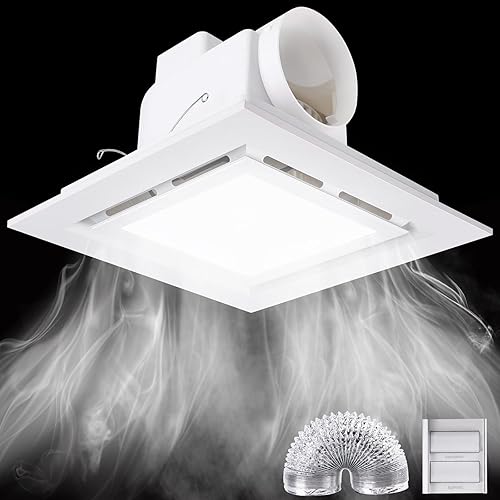 Ventilador de escape de baño con luz, 144 CFM 1.0 Sones doble interruptor, ultra silencioso, ventilador cuadrado blanco para el hogar, baño,