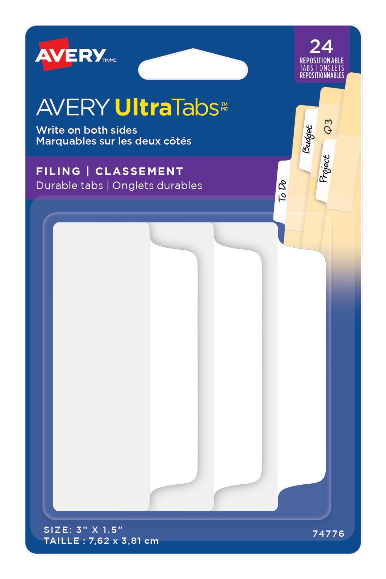 Avery UltraTabs Repositionable Filing Tabs, Two-Side Writable Index Tabs, 3" X 11/2", White, 24 Pack (74776)