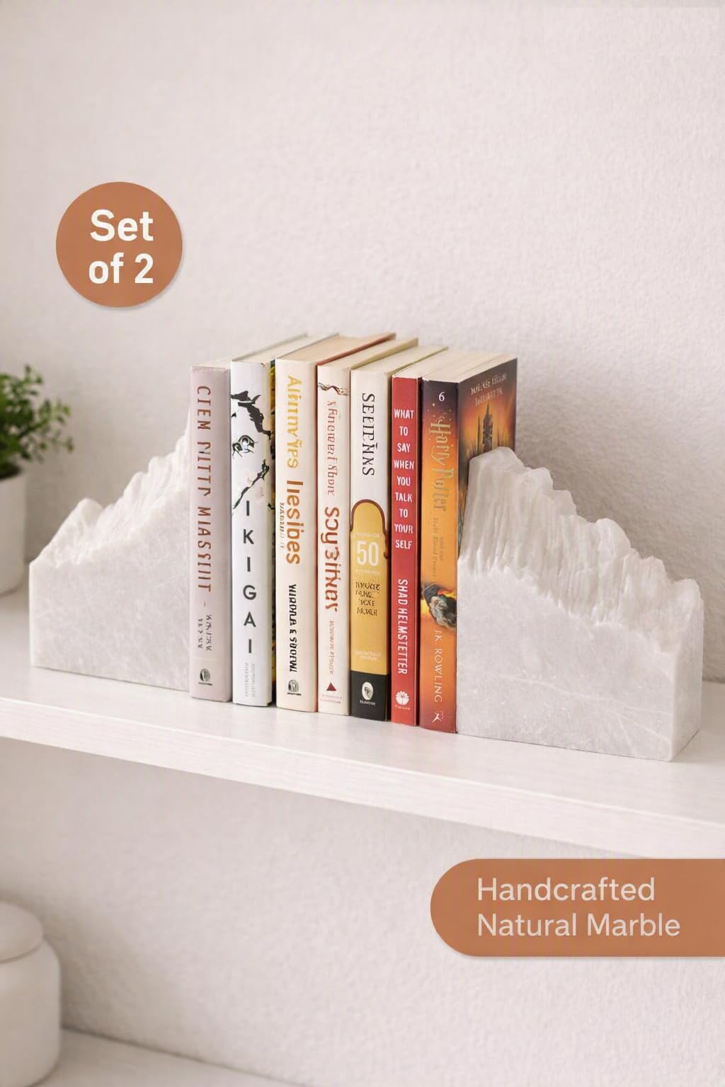 RM White Mountain Bookends Set of 2 | Heavy Marble Book Holders for Shelf 2