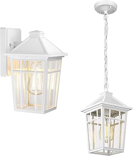 Darkaway Aplique de pared para exteriores + lámpara colgante antioxidante impermeable aluminio con vidrio sembrado para porche, entrada, puerta,
