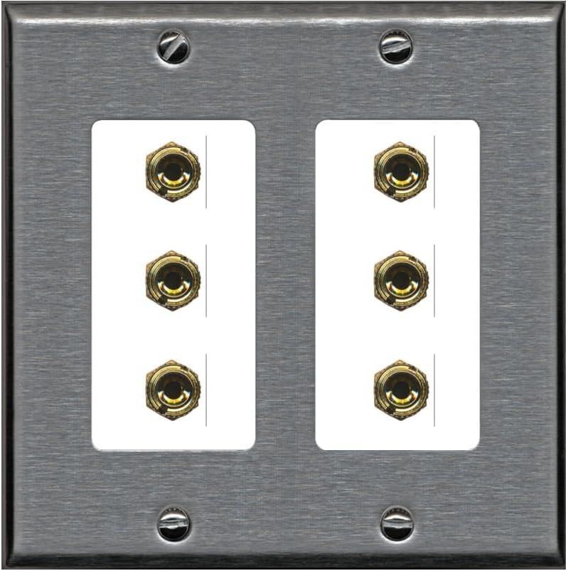 RiteAV 6 Banana 3 Speaker Surround Female Coupler Binding Post Wall Plate - 2 Gang [Light-Almond]