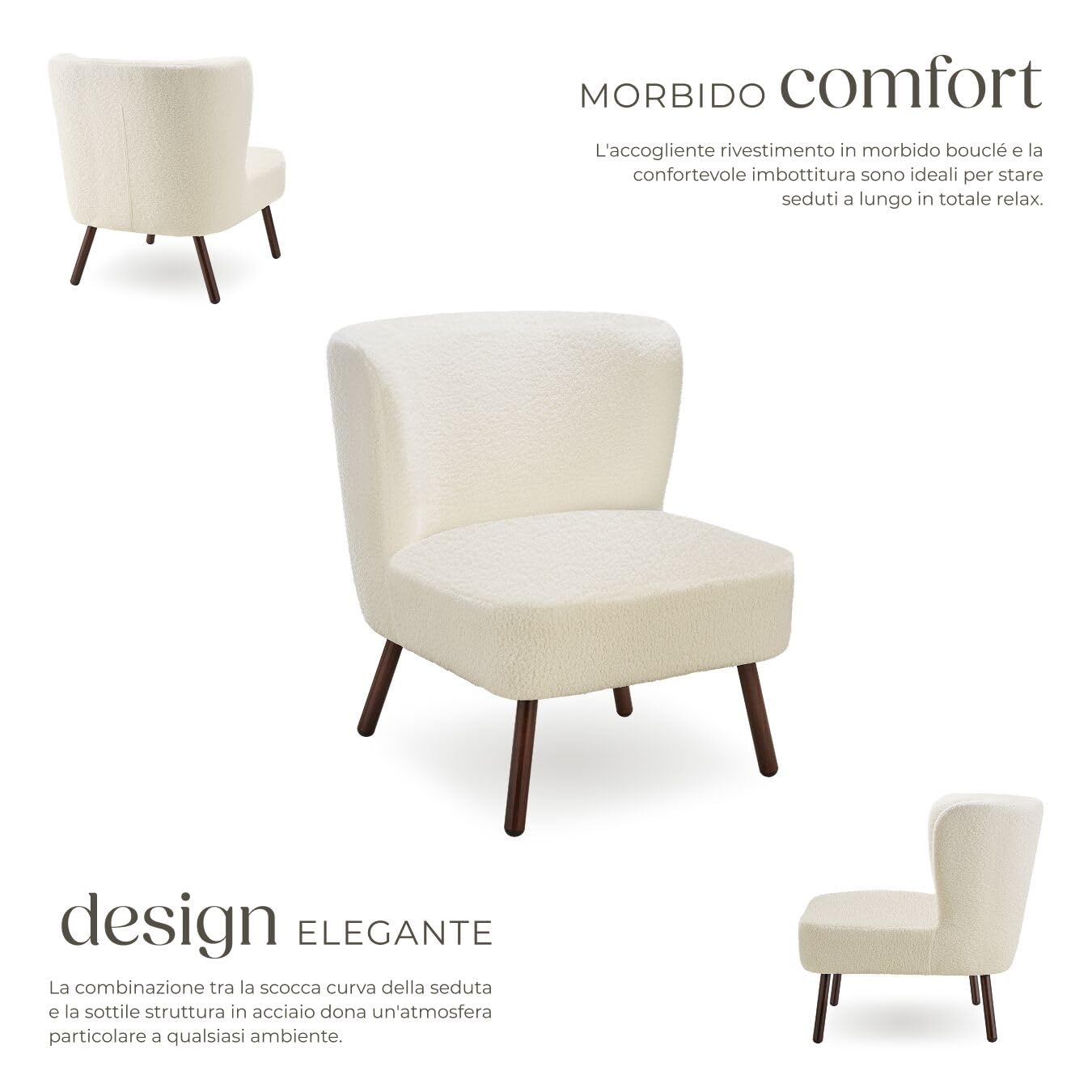tectake®, Poltrona scandinava da cocktail, poltrona relax di design, moderna e comoda, poltrone salotto, poltroncina da camera, Poltroncina salotto da lettura - Bouclé Bianco Avorio