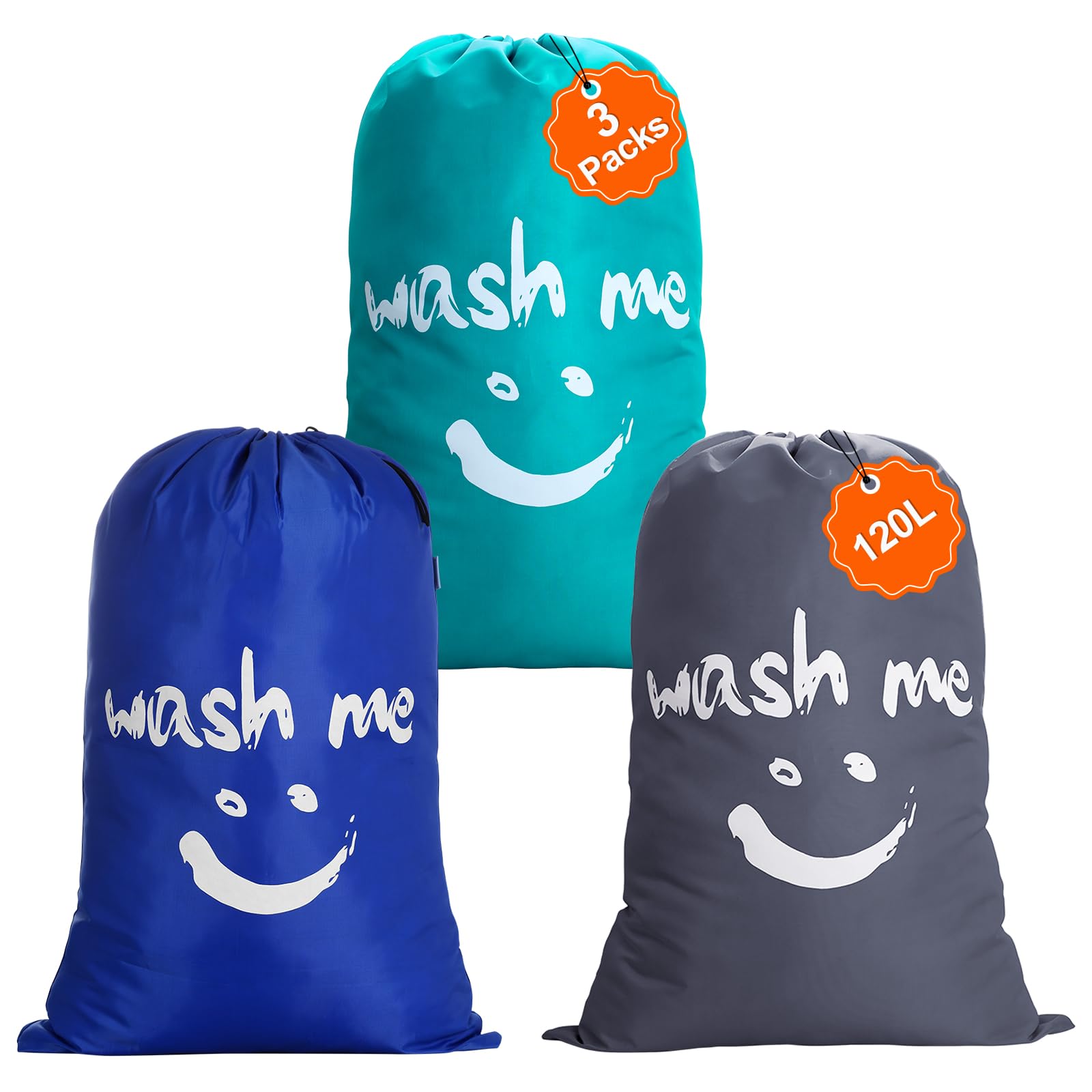 IHOMAGIC 3er 120L Reise Wäschesack mit Kordelzug, Staubfeste Groß Wäschesack, Nylon Wäschetasche, Schmutzwäschebeutel für Haushalt, Kofferraum, Camping, Reisen, Blau + Dunkelgrau + Marineblau
