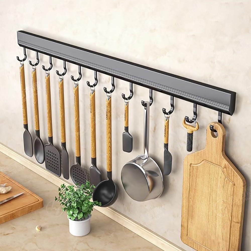 Kitchen utensils holder，Kitchen hooks， 2 Pack Utensil Hangers Aluminum Wall Utensil Holder Kitchen Utensil Hooks No Drilling Wall Mounted Adhesive Wall Hooks Rack for Kitchen Bathroom BedroomWith 8 Ho