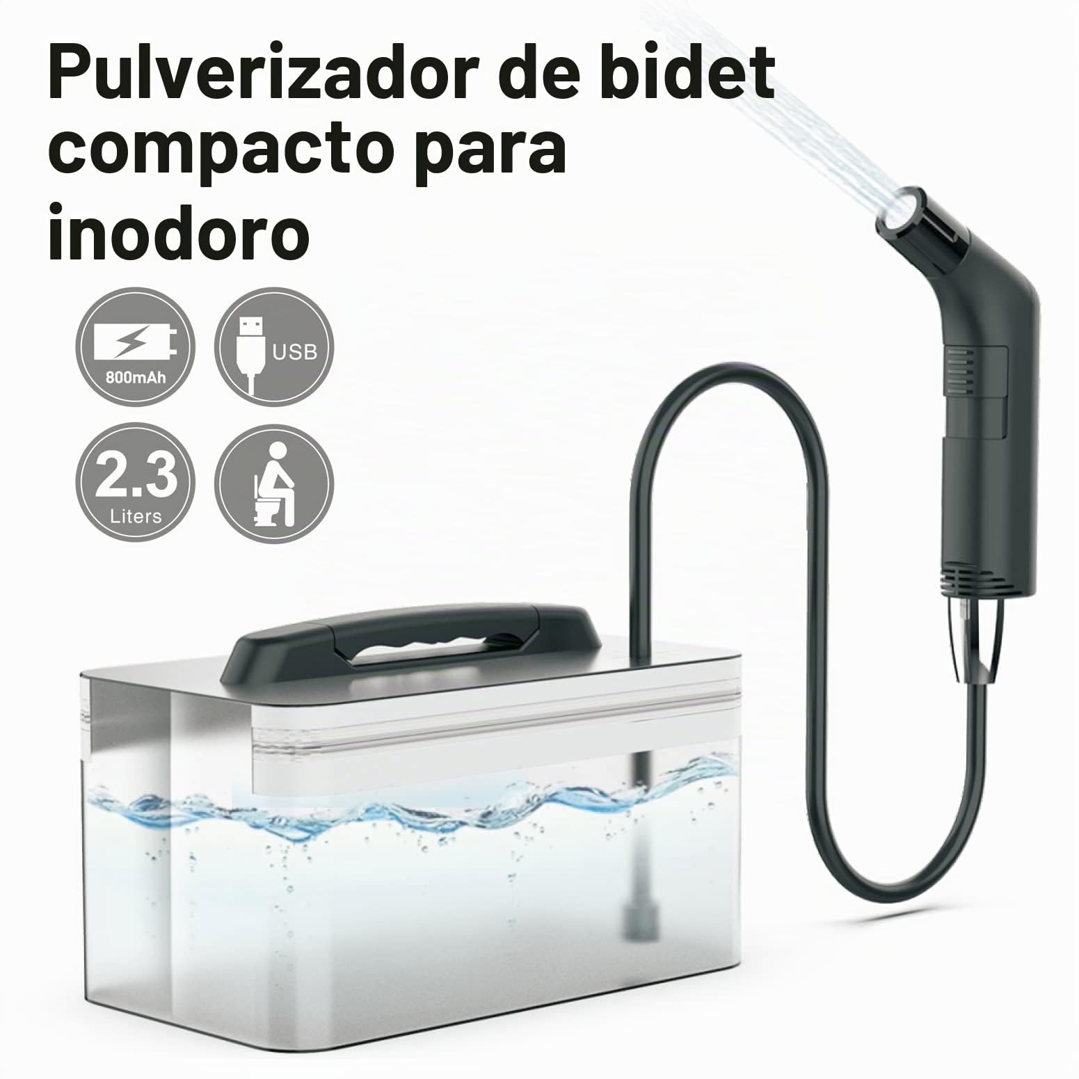 Pulverizador de bidé de mano para ducha musulmana para baño, ducha de camping, portátil, 800 mAh, con carga USB, contenedor de agua de 2,3 L (negro)