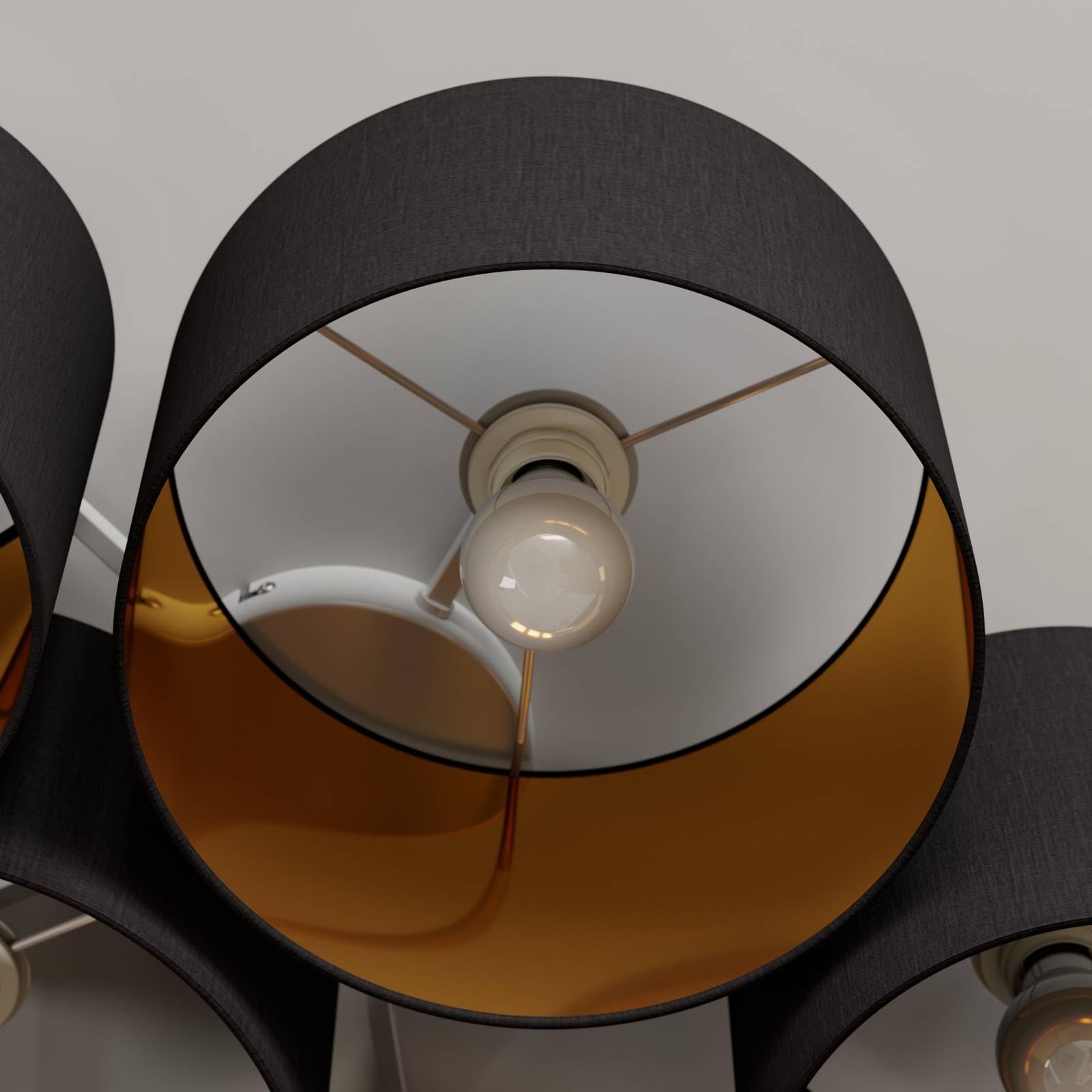 Lindby Stoff Deckenlampe schwarz-gold, 5 Schirme Ø 20 25 28 30 32 cm 5x E27 max. 60W ohne Leuchtmittel Textil Deckenleuchte Wohnzimmerlampe