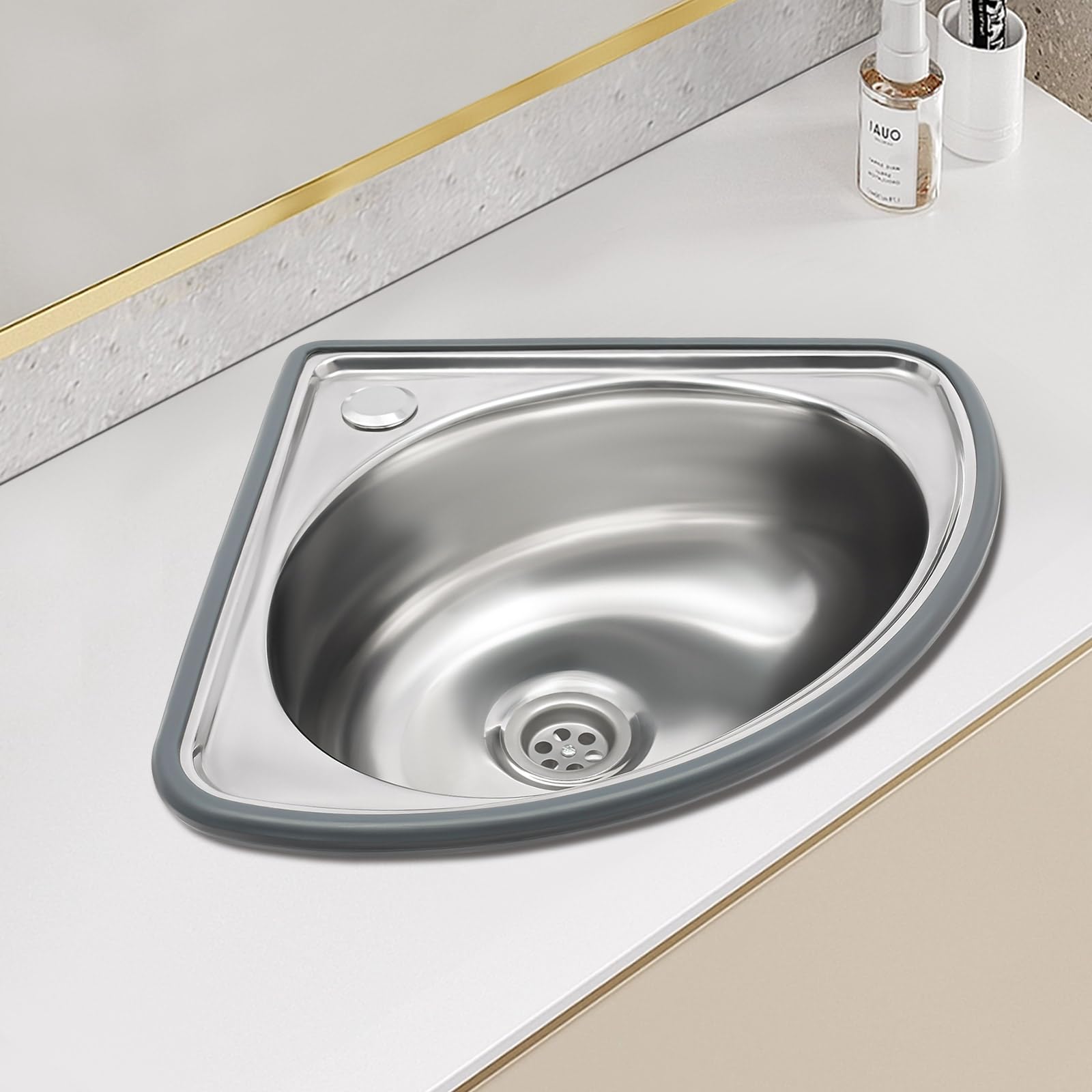 Lavabo angolare 44 x 37 x 13,2 cm, fino a 25 kg, triangolare, con tubo di scarico da 80 cm, per il montaggio a parete, in acciaio inox, piccolo lavello per bagno, cucina, garage
