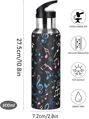 Miniatura 9 de Colorful Musical Notes Insulated Stainless Steel Water Bottle with Straw 20 Oz Leakproof Water Bottles, BPA-Free Sports Water Bottle with Straw