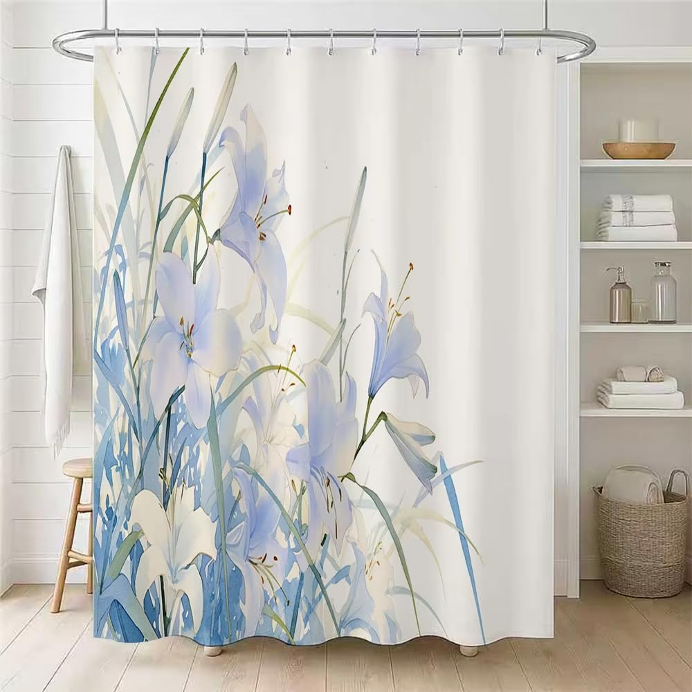GFRYIIO Watercolor Blue Lily Shower Curtain Mould Proof and Mildew Resistant Washable Heavy Duty Bathroom Curtains, Bath Curtains with Hooks Curtains for Bath Tub Shower Stall 180x200cm/71x79in(WxH)