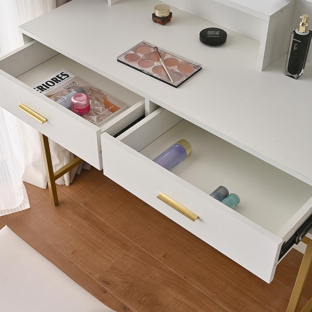 Shally Dogan Toeletta Trucco con Sgabello Modello Sofia con 10 Lampade Led, Specchiera con Tavolo e Cassetti in Legno Bianco, Seduta Comoda Imbottita, Specchio Postazione Make Up, Luce Fredda e Calda