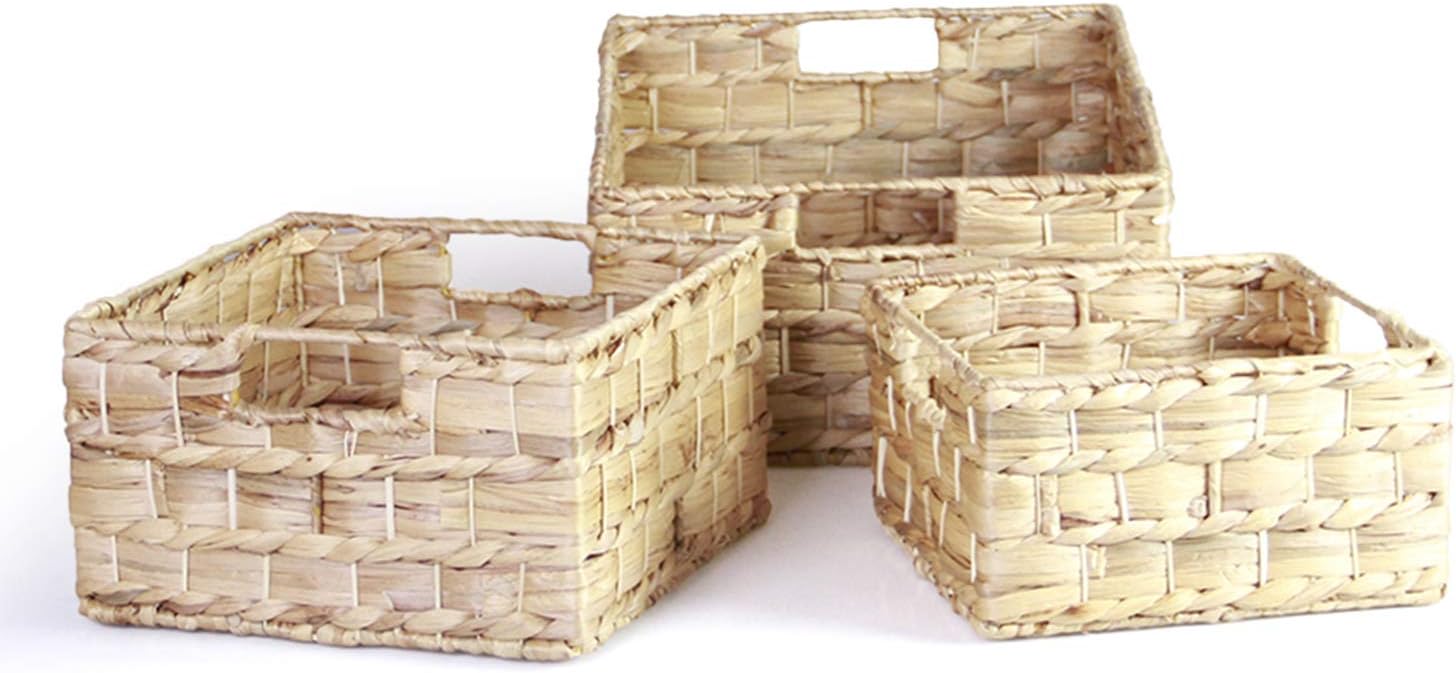 HandyMake Water Hyacinth Storage Baskets with Handles - Multi Purpose Natural Eco Friendly Wicker Baskets for Everyday Use - Nested Pack of 3 Including Large, Medium and Small Size (Square)