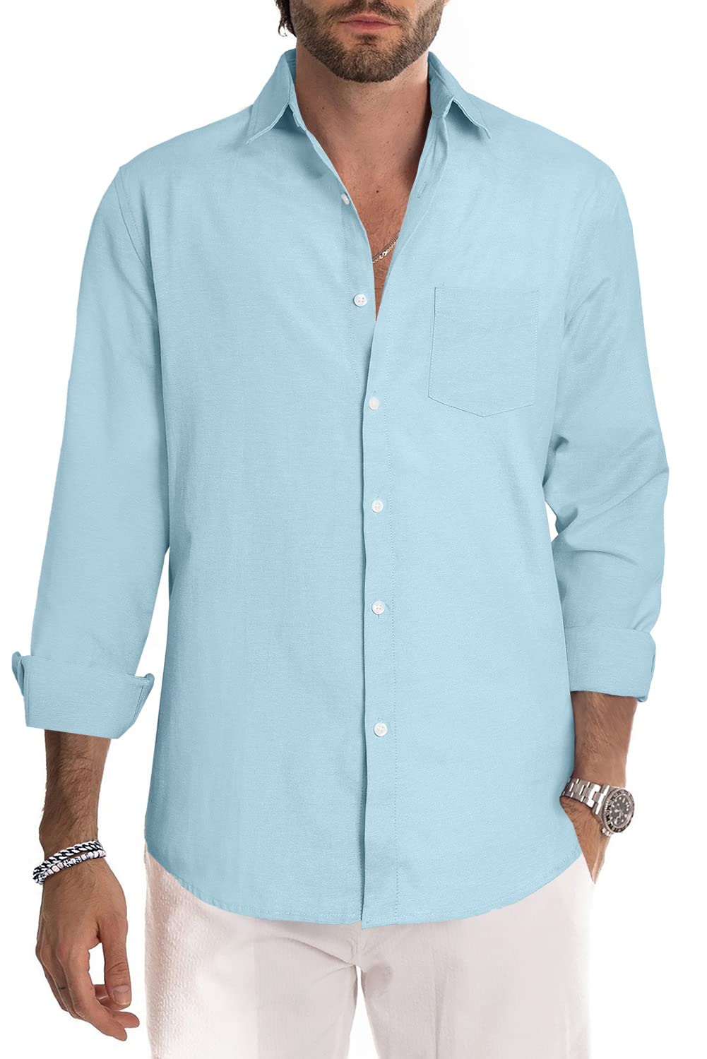 JMIERR Men's Cotton Shirts Casual Long Sleeve Button-Down Striped Dress Shirt