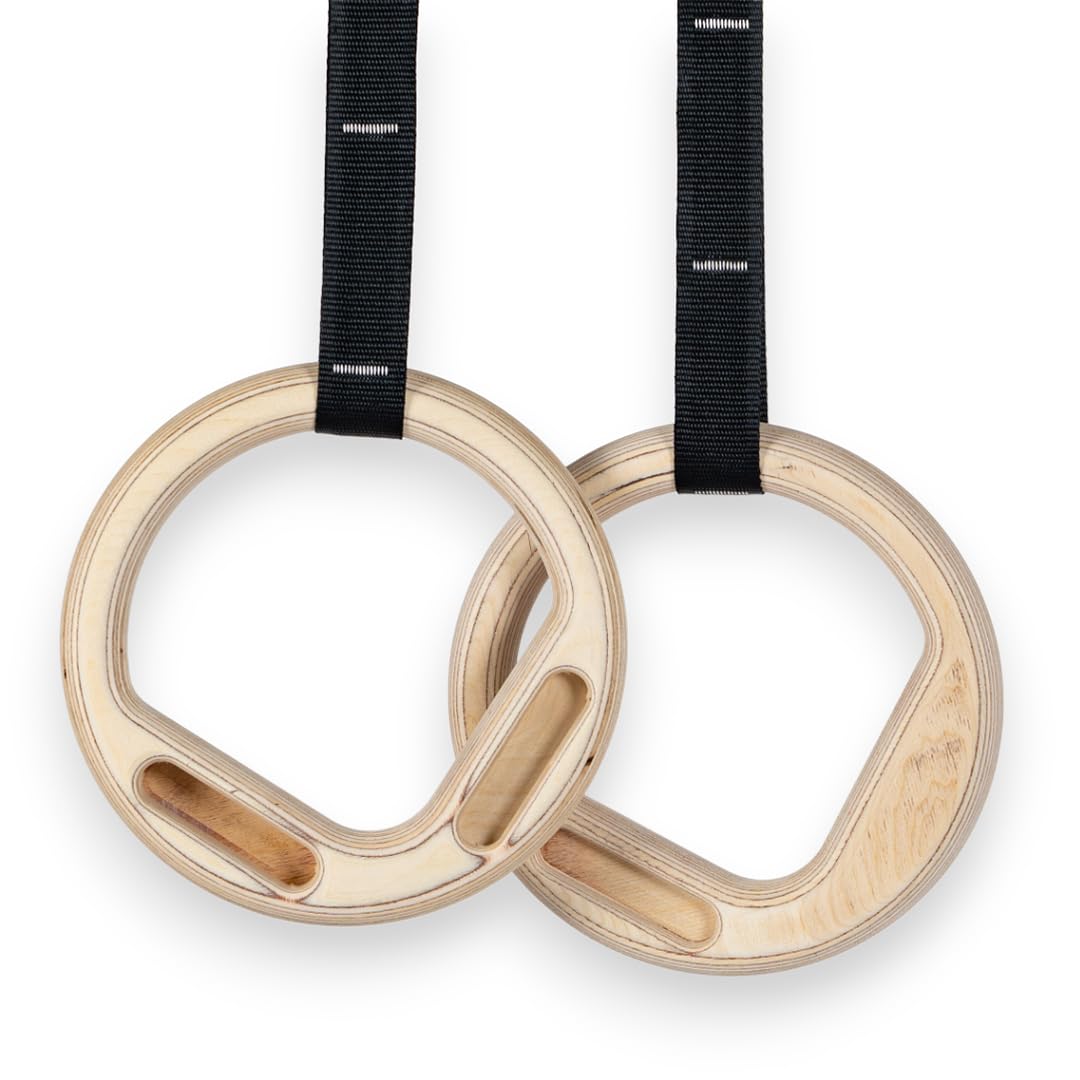 Kletter-Turnringe – Turnringe aus Holz mit Hangboard-Taschen – 28 mm Dicke Ringe mit 5 Meter verstellbaren Riemen mit eingenähten Höhenmarkierungen – hochwertiges Birkenholz
