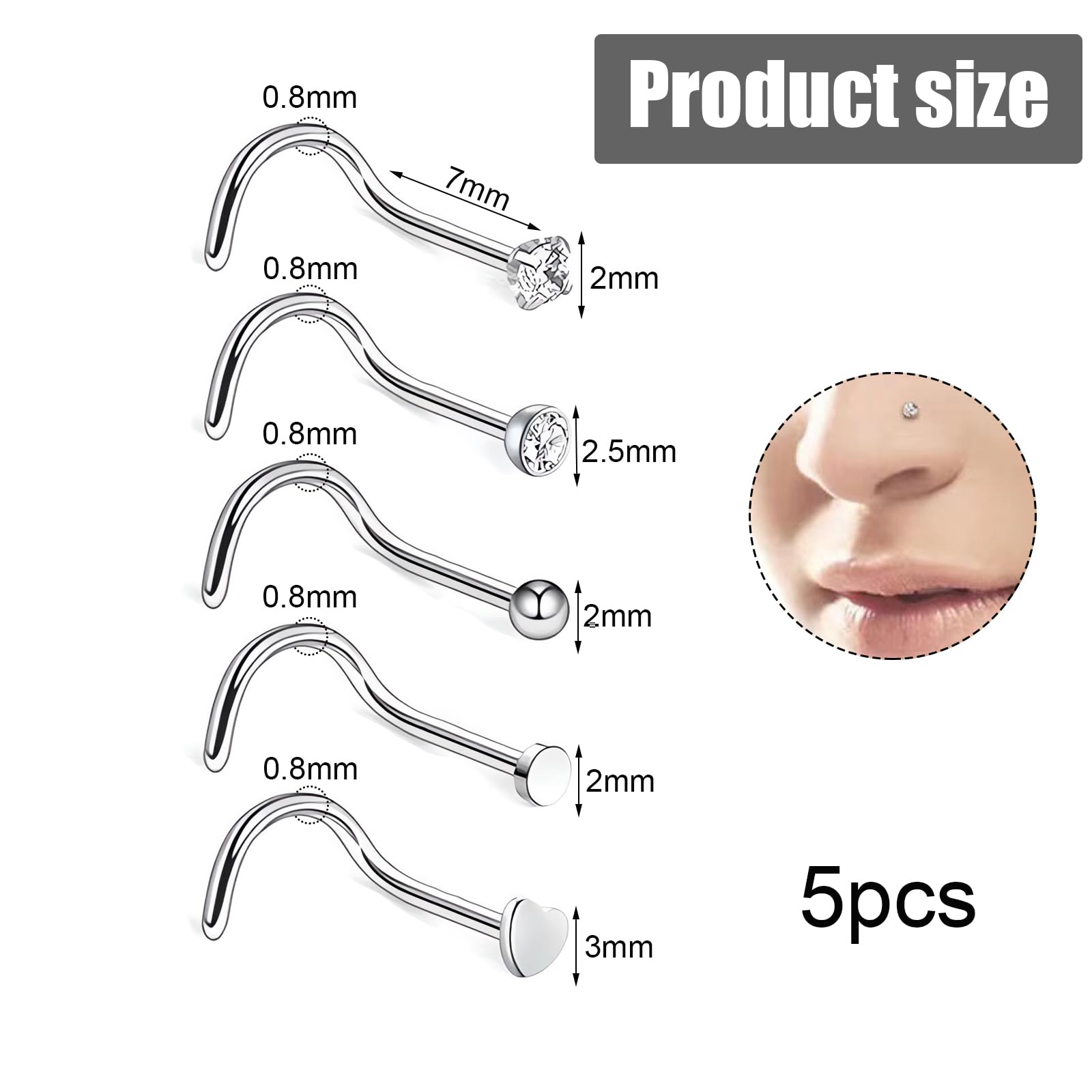 Piercing nariz plata 20G acero quirúrgico delgada barra de cristal Kit Regalo Mujeres Hombres Niñas