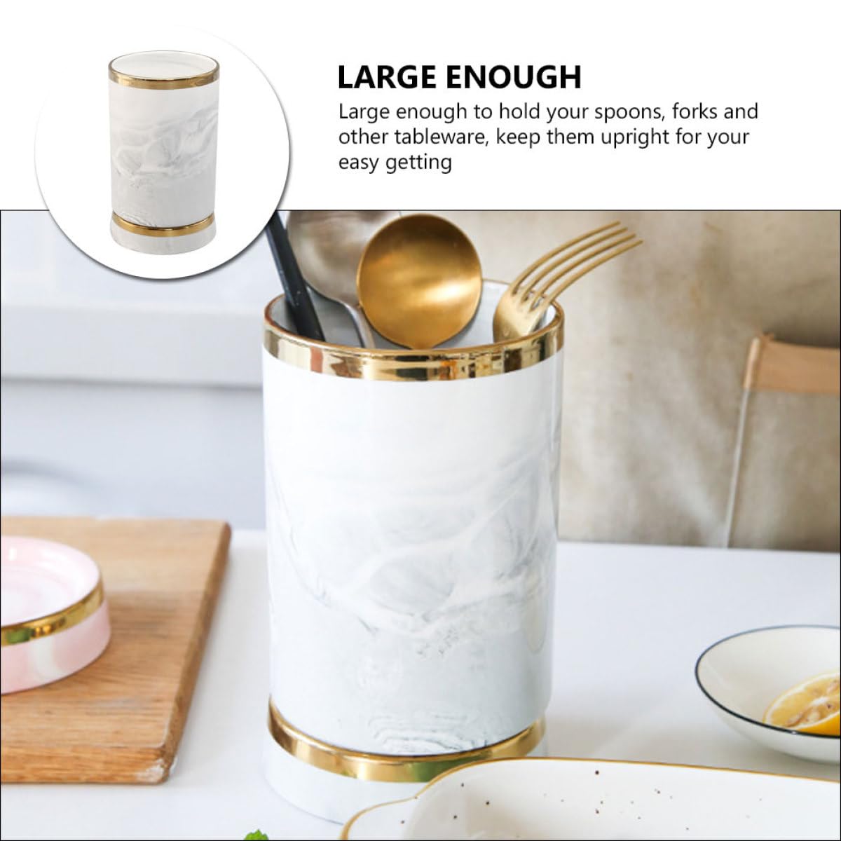 Support de Rangement pour Baguettes et Ustensiles Cuisine en Céramique Gris Marbré Bordure Dorée Contenant Décoratif pour Comptoir Organiseur Porte-Couverts Polyvalent pour