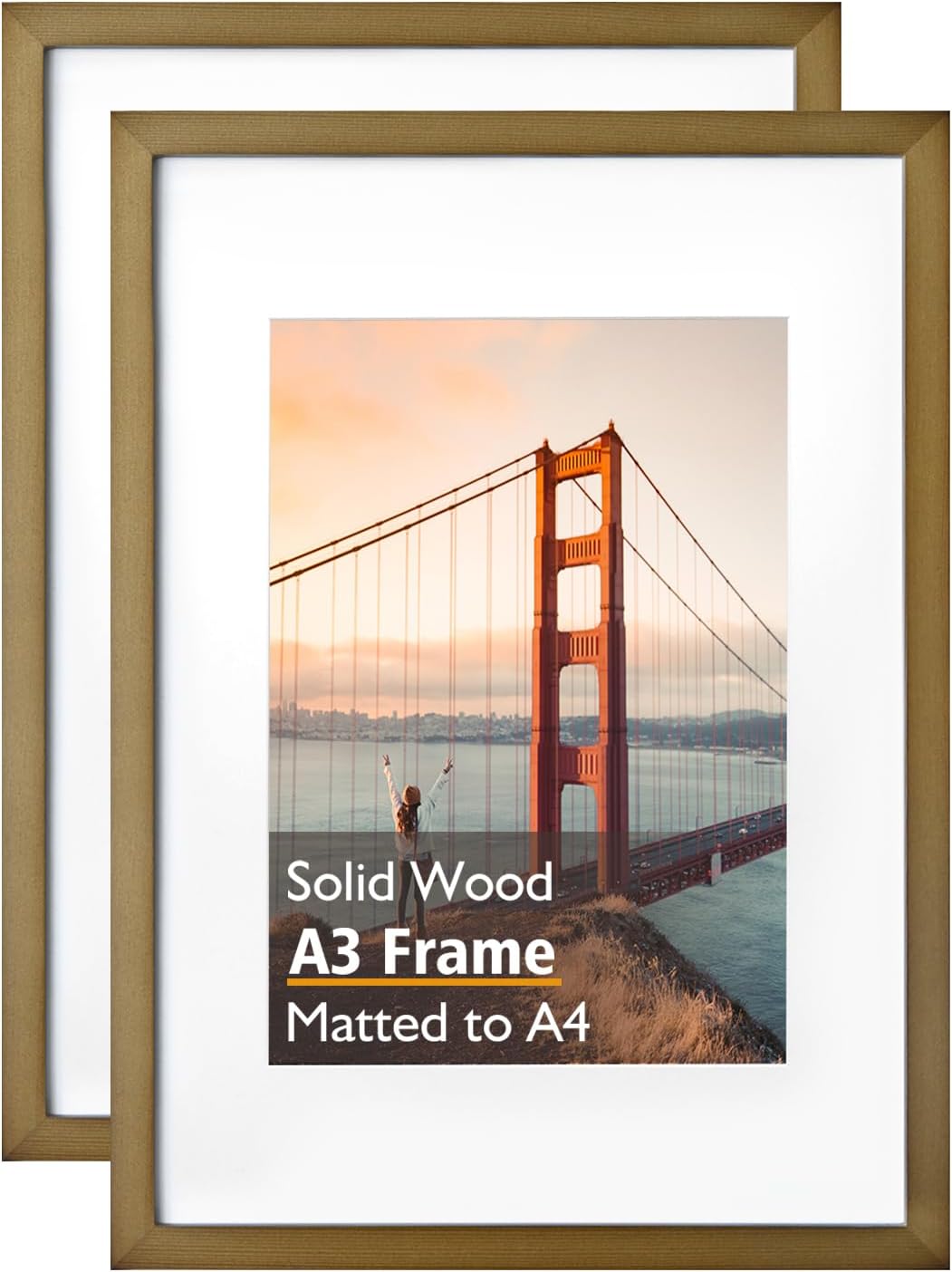 KINLINK A3 Picture Frame Brown, Solid Wood Frames with Acrylic Plexiglass for Pictures A4 with Mat or A3 without Mat Wall Display Poster Frame Set of 2